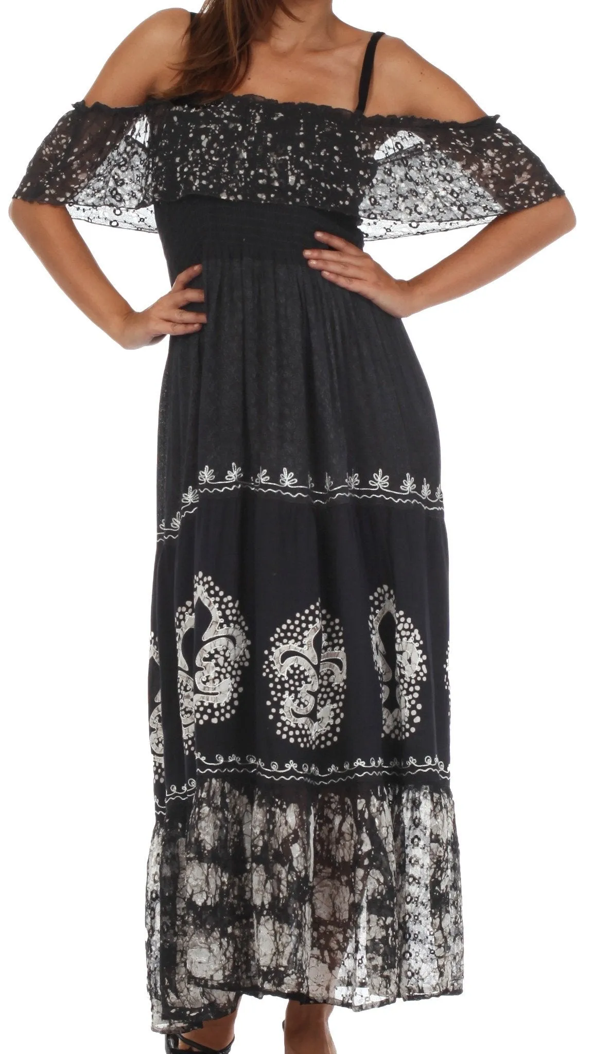 Sakkas Fleur De Lis Batik Jacquard Off Shoulder Crepe Hem Dress - FINAL SALE