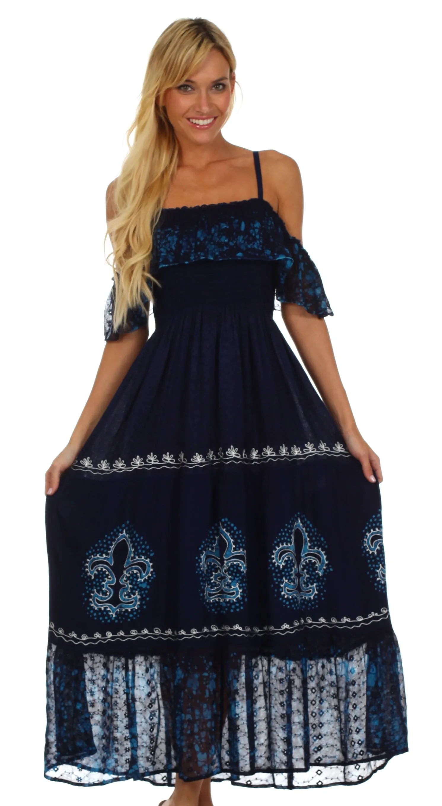 Sakkas Fleur De Lis Batik Jacquard Off Shoulder Crepe Hem Dress - FINAL SALE