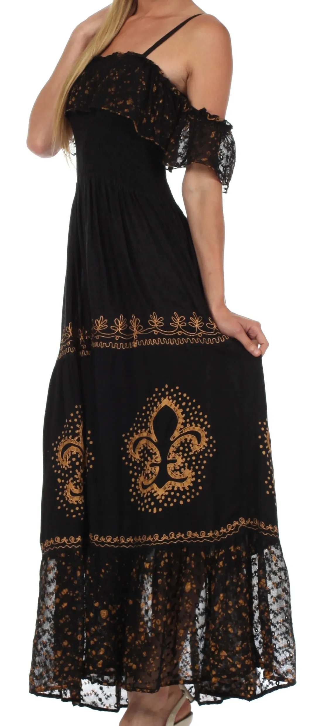 Sakkas Fleur De Lis Batik Jacquard Off Shoulder Crepe Hem Dress - FINAL SALE