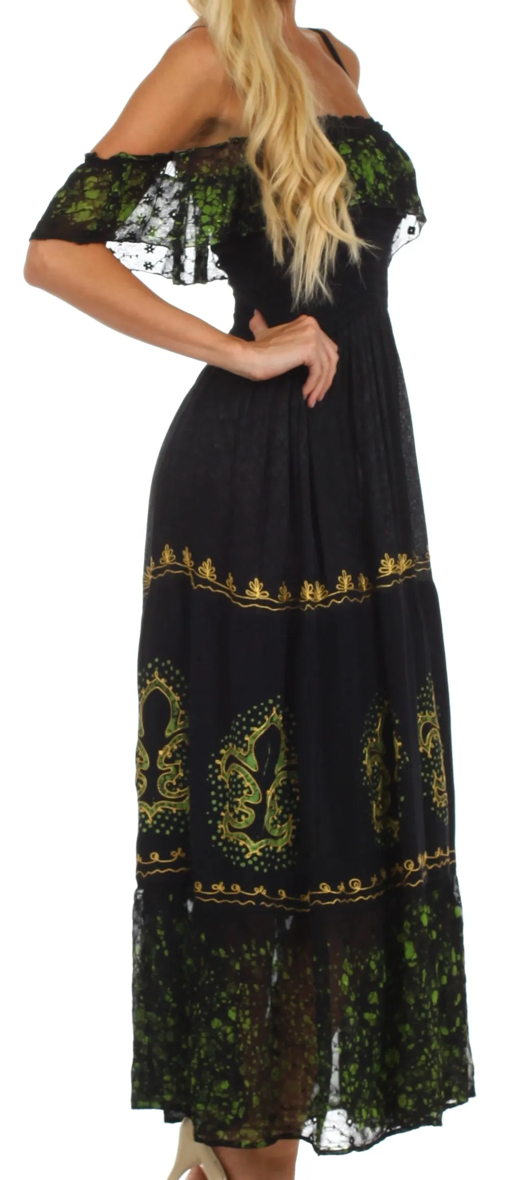 Sakkas Fleur De Lis Batik Jacquard Off Shoulder Crepe Hem Dress - FINAL SALE