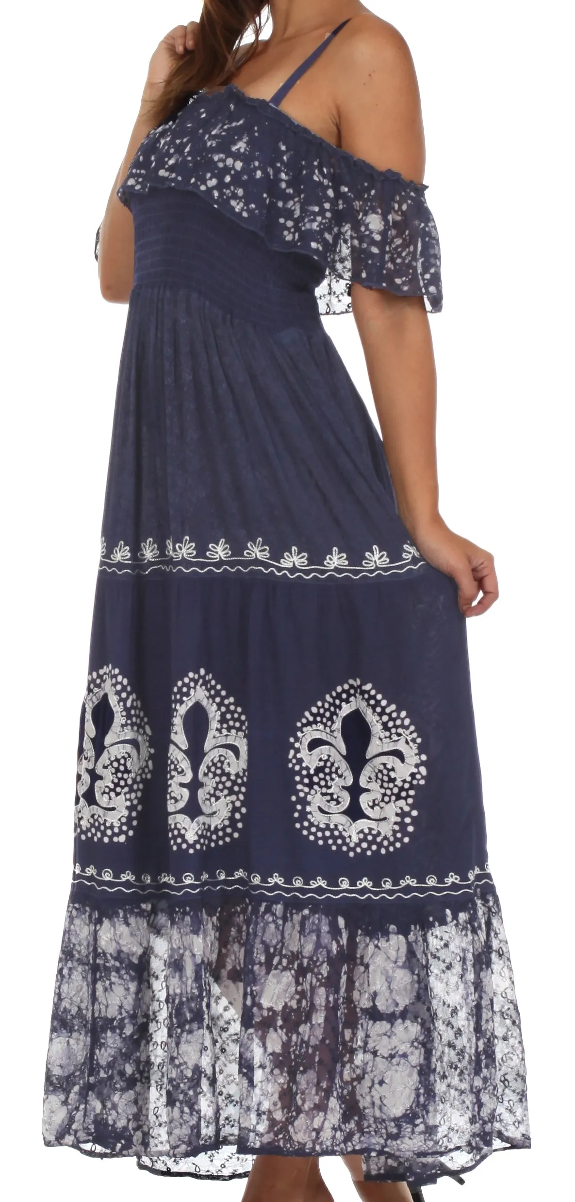 Sakkas Fleur De Lis Batik Jacquard Off Shoulder Crepe Hem Dress - FINAL SALE