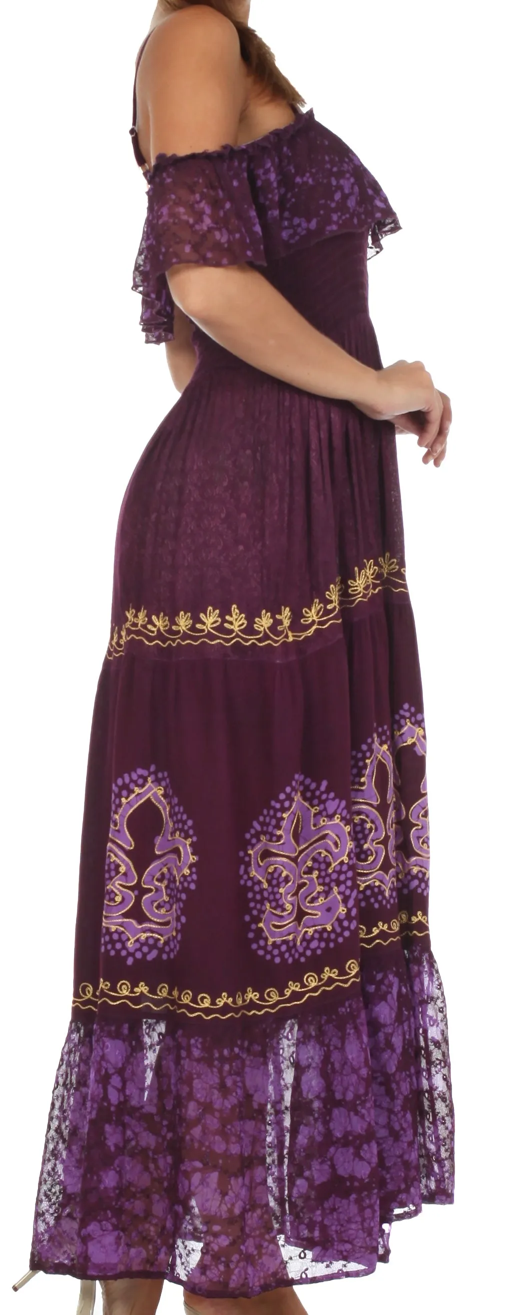 Sakkas Fleur De Lis Batik Jacquard Off Shoulder Crepe Hem Dress - FINAL SALE