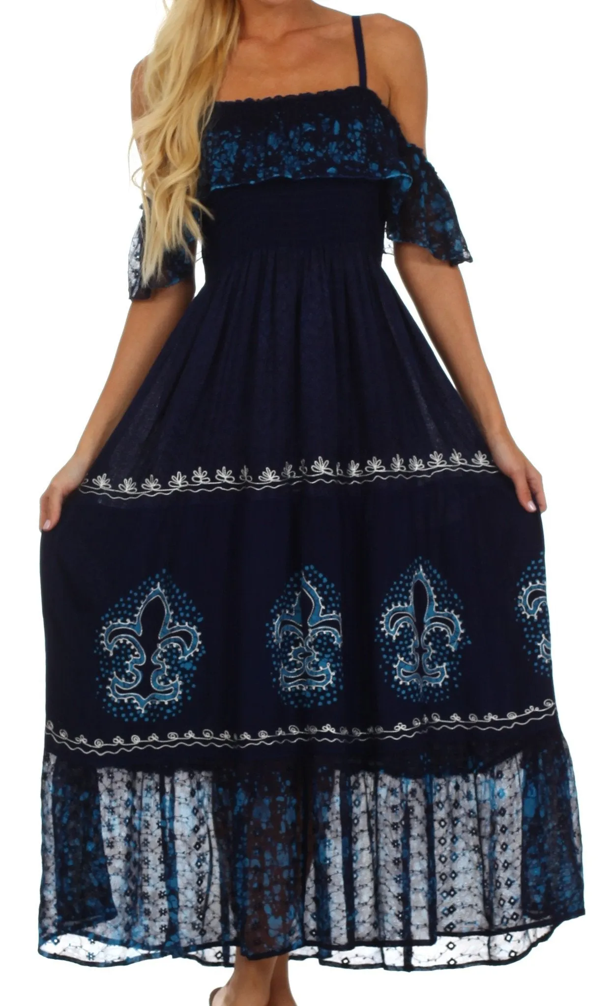 Sakkas Fleur De Lis Batik Jacquard Off Shoulder Crepe Hem Dress - FINAL SALE