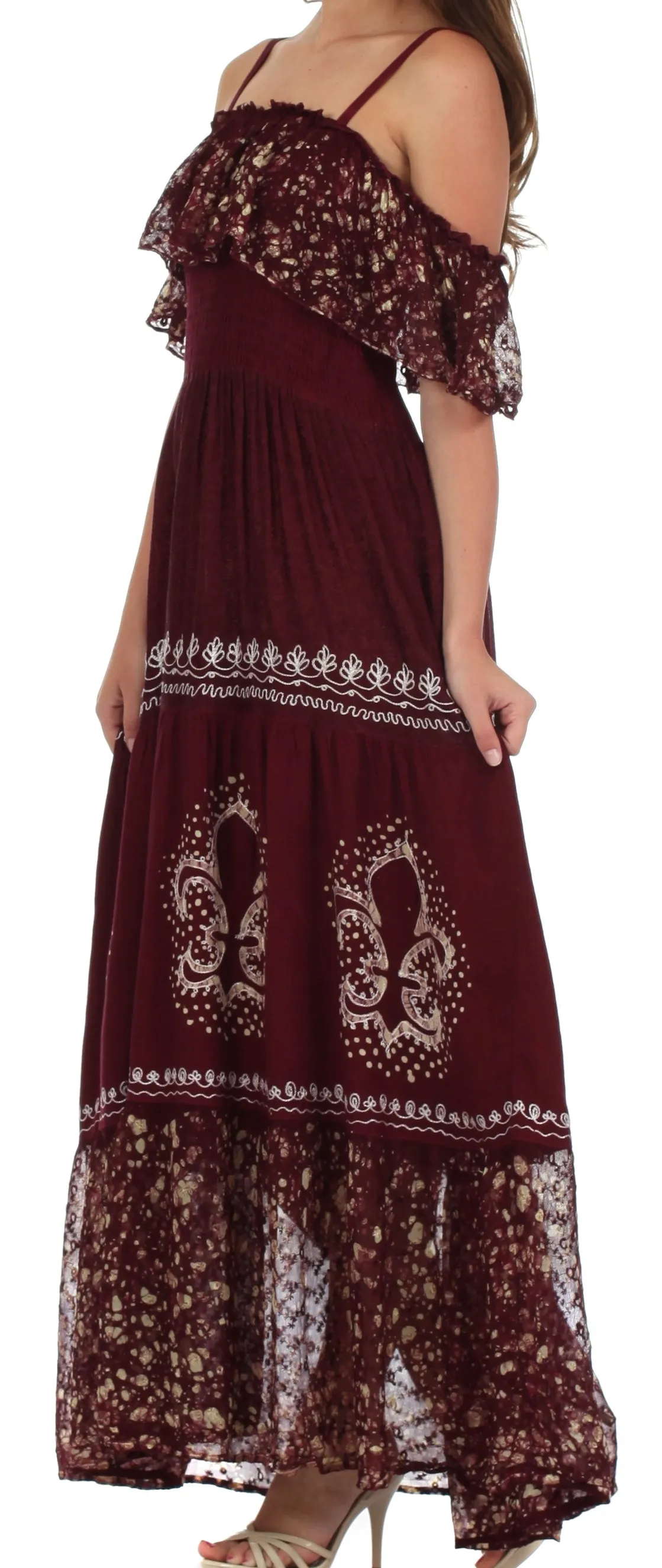 Sakkas Fleur De Lis Batik Jacquard Off Shoulder Crepe Hem Dress - FINAL SALE