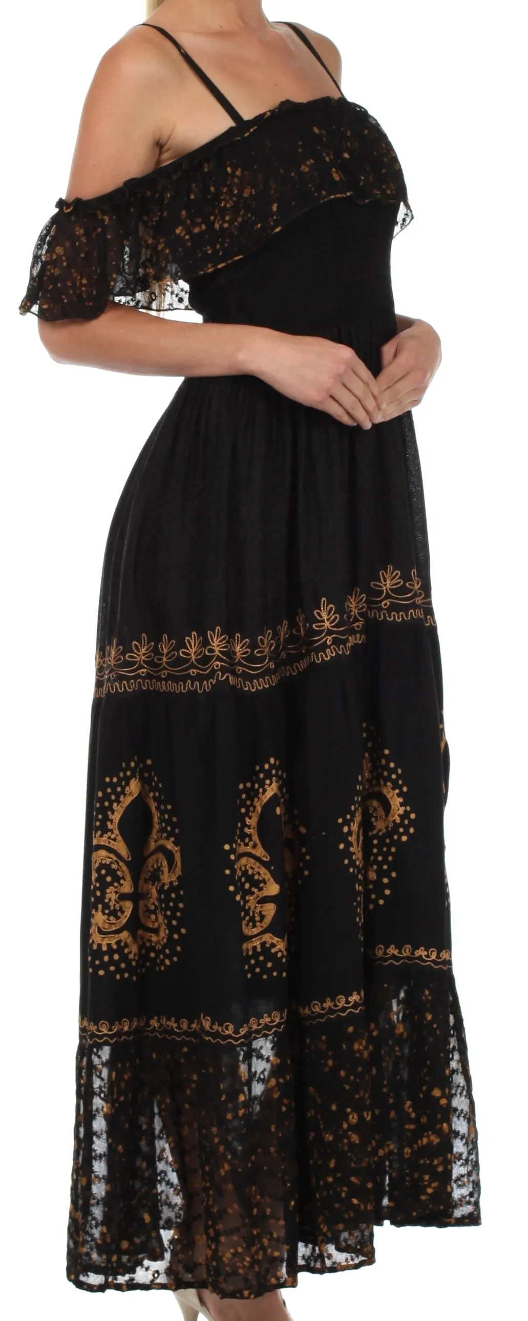 Sakkas Fleur De Lis Batik Jacquard Off Shoulder Crepe Hem Dress - FINAL SALE