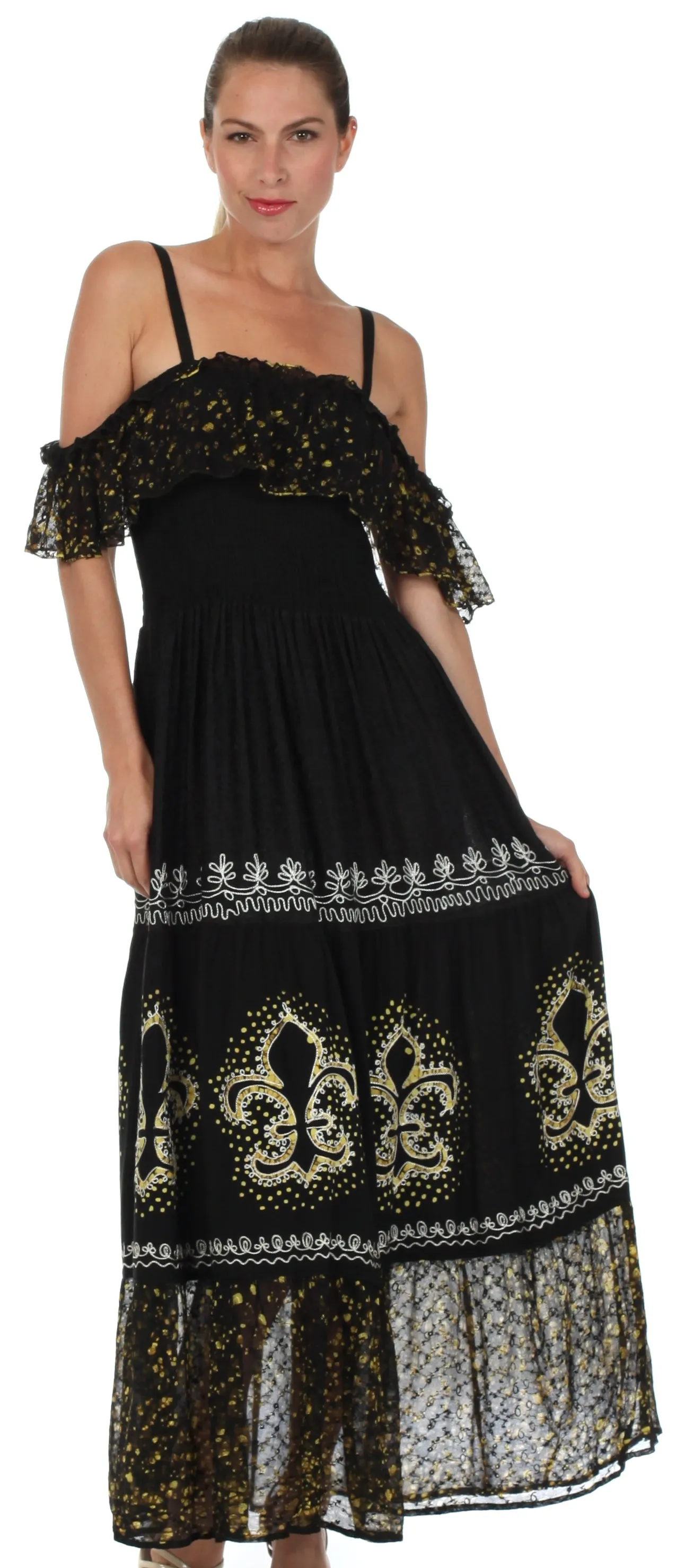 Sakkas Fleur De Lis Batik Jacquard Off Shoulder Crepe Hem Dress - FINAL SALE