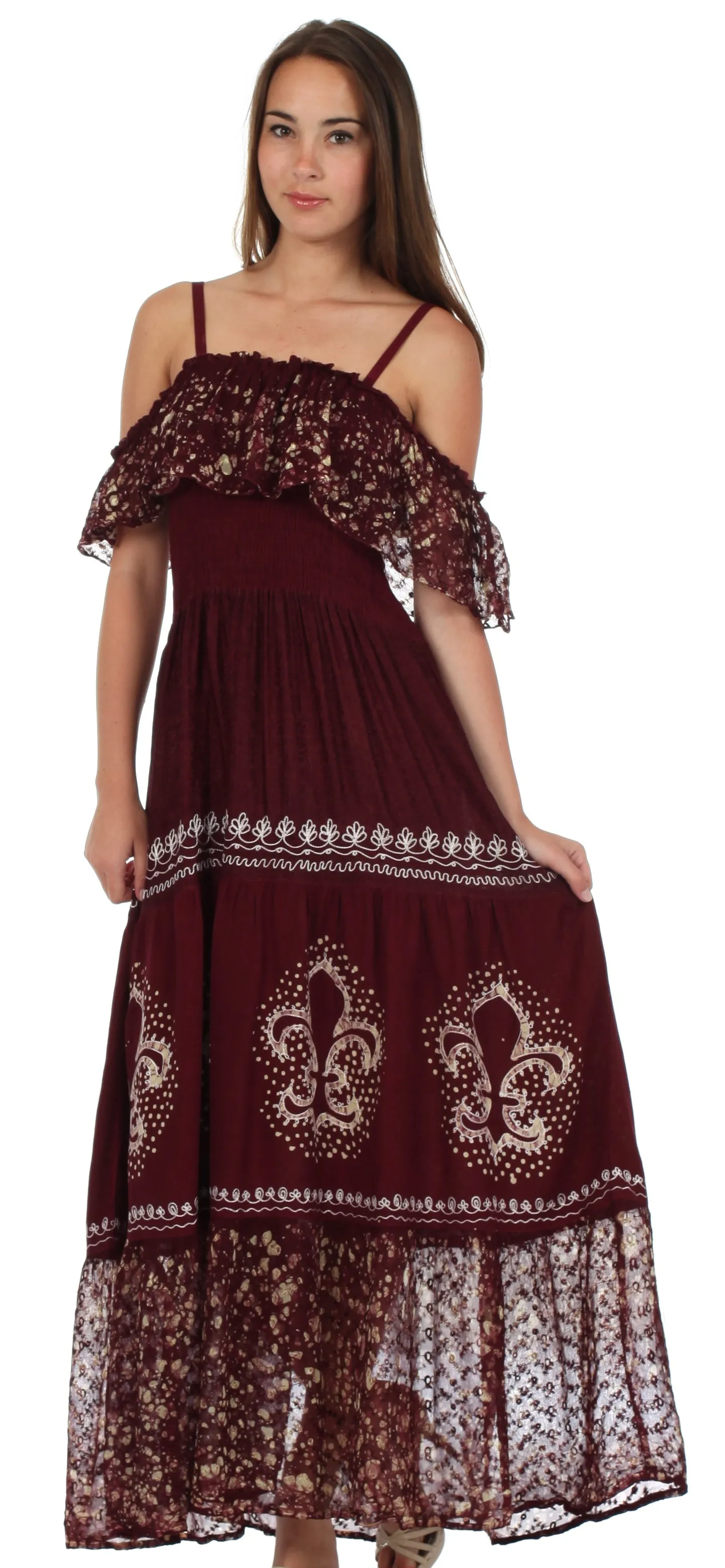 Sakkas Fleur De Lis Batik Jacquard Off Shoulder Crepe Hem Dress - FINAL SALE