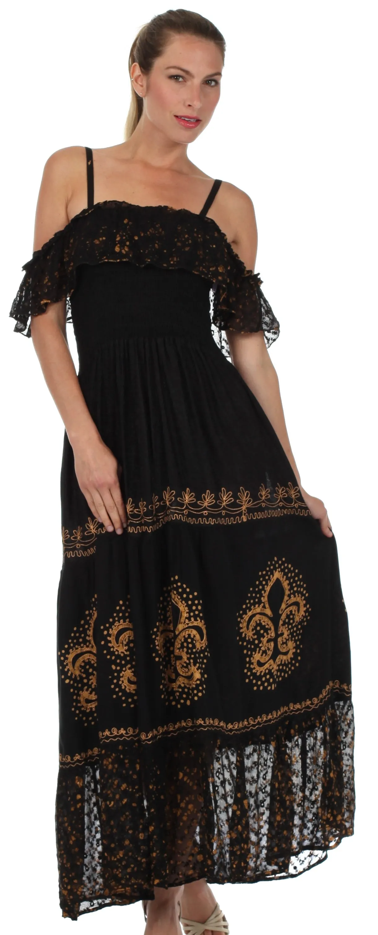 Sakkas Fleur De Lis Batik Jacquard Off Shoulder Crepe Hem Dress - FINAL SALE