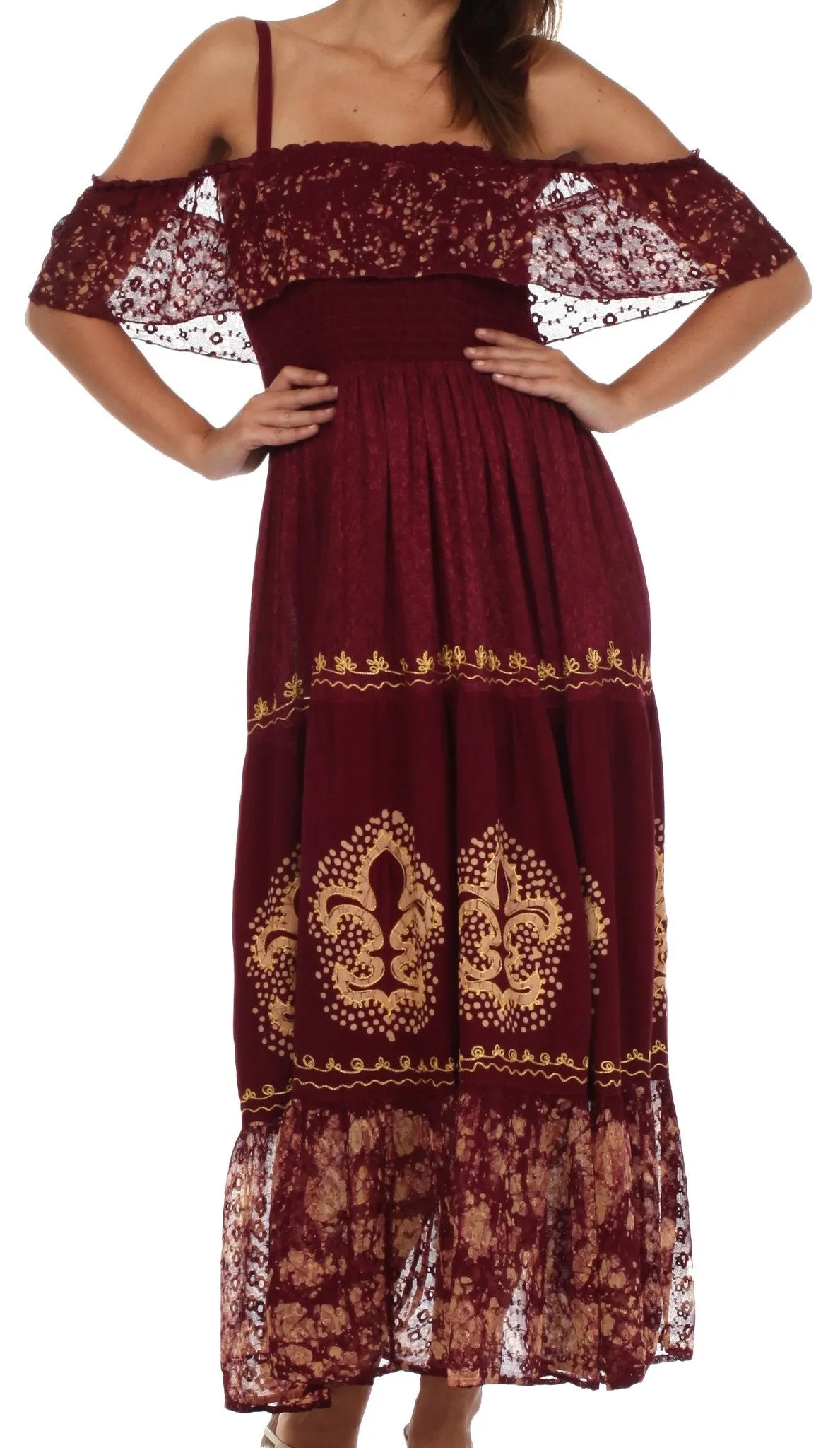 Sakkas Fleur De Lis Batik Jacquard Off Shoulder Crepe Hem Dress - FINAL SALE