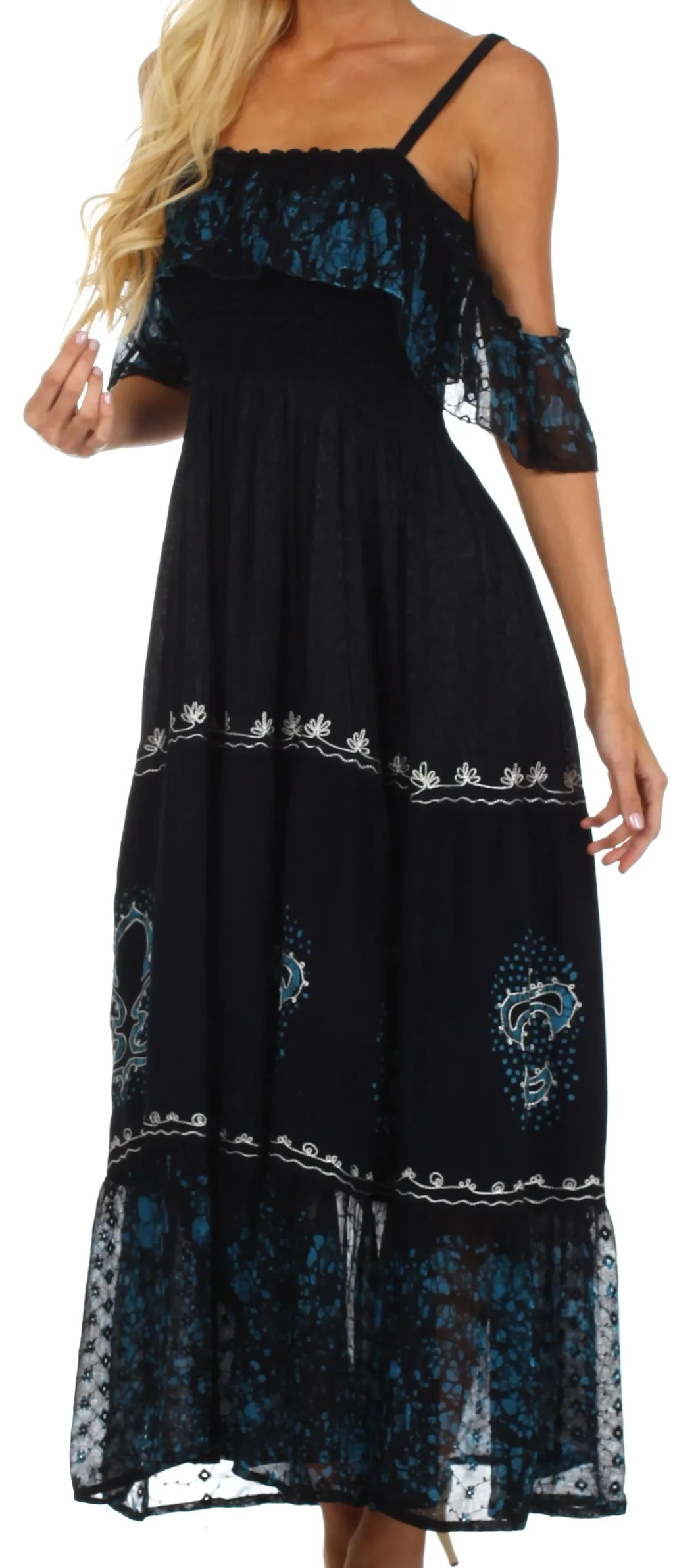 Sakkas Fleur De Lis Batik Jacquard Off Shoulder Crepe Hem Dress - FINAL SALE