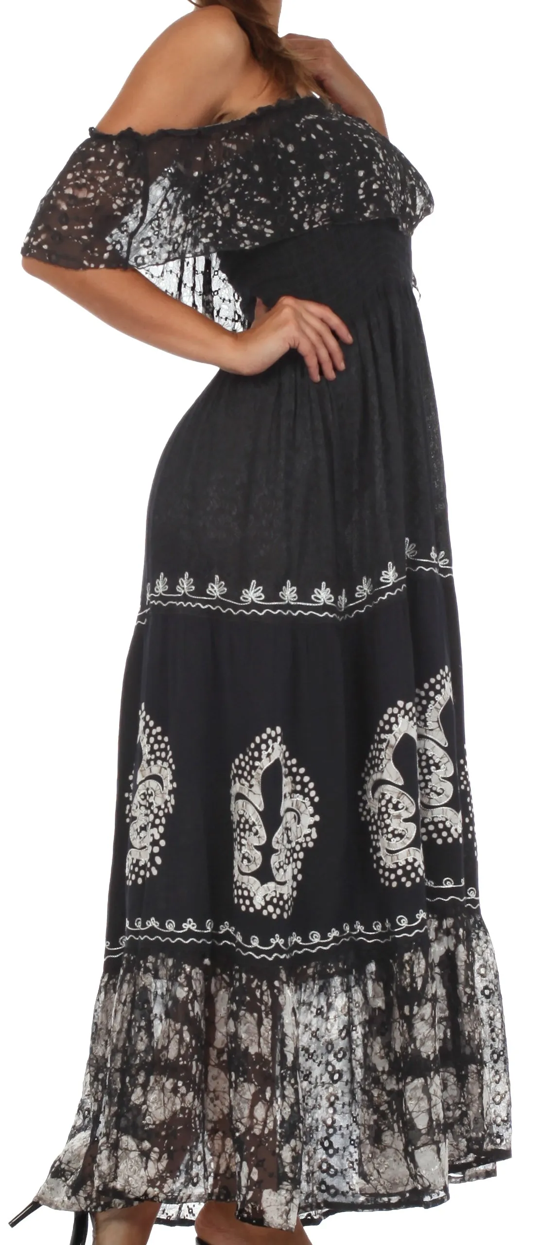 Sakkas Fleur De Lis Batik Jacquard Off Shoulder Crepe Hem Dress - FINAL SALE