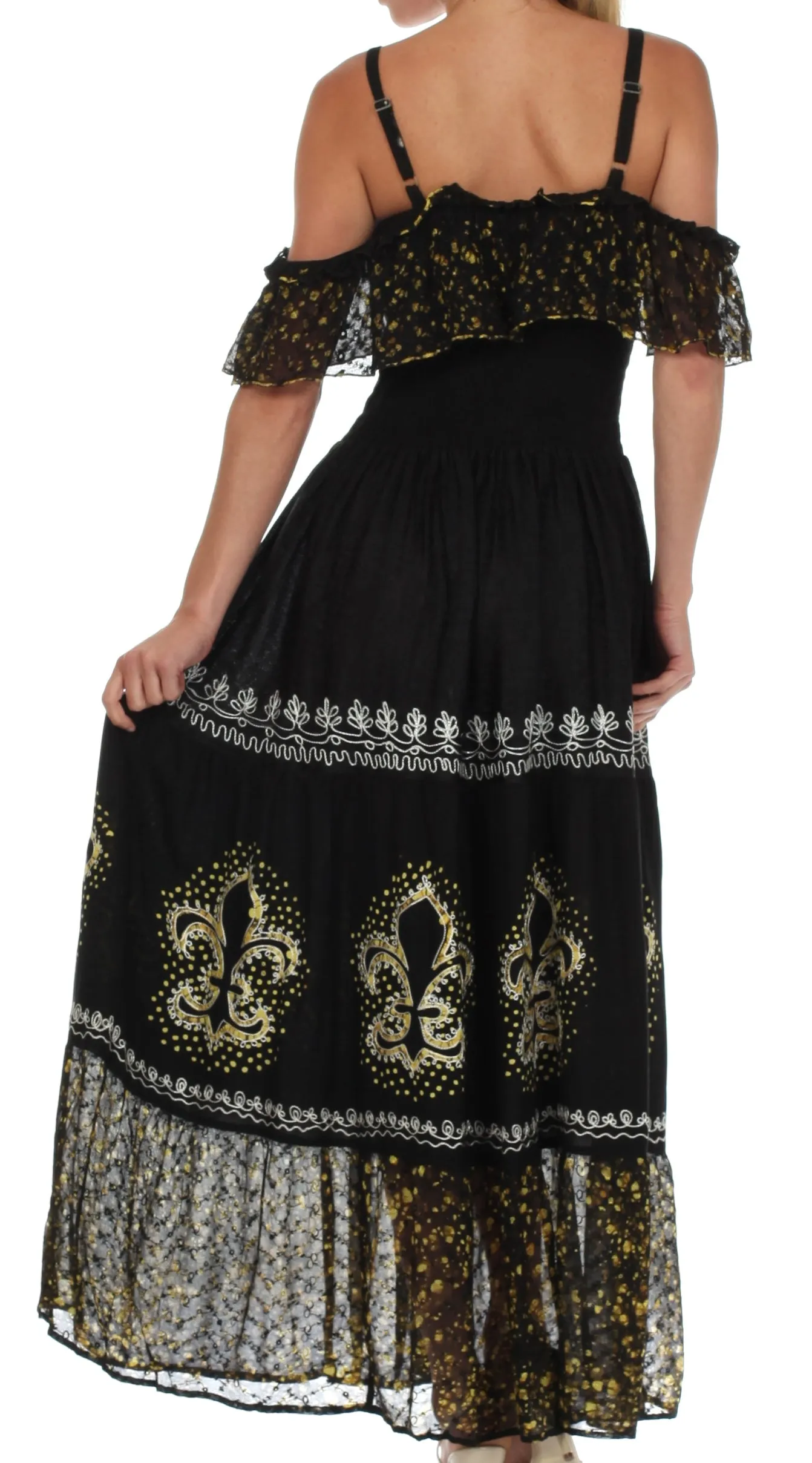 Sakkas Fleur De Lis Batik Jacquard Off Shoulder Crepe Hem Dress - FINAL SALE