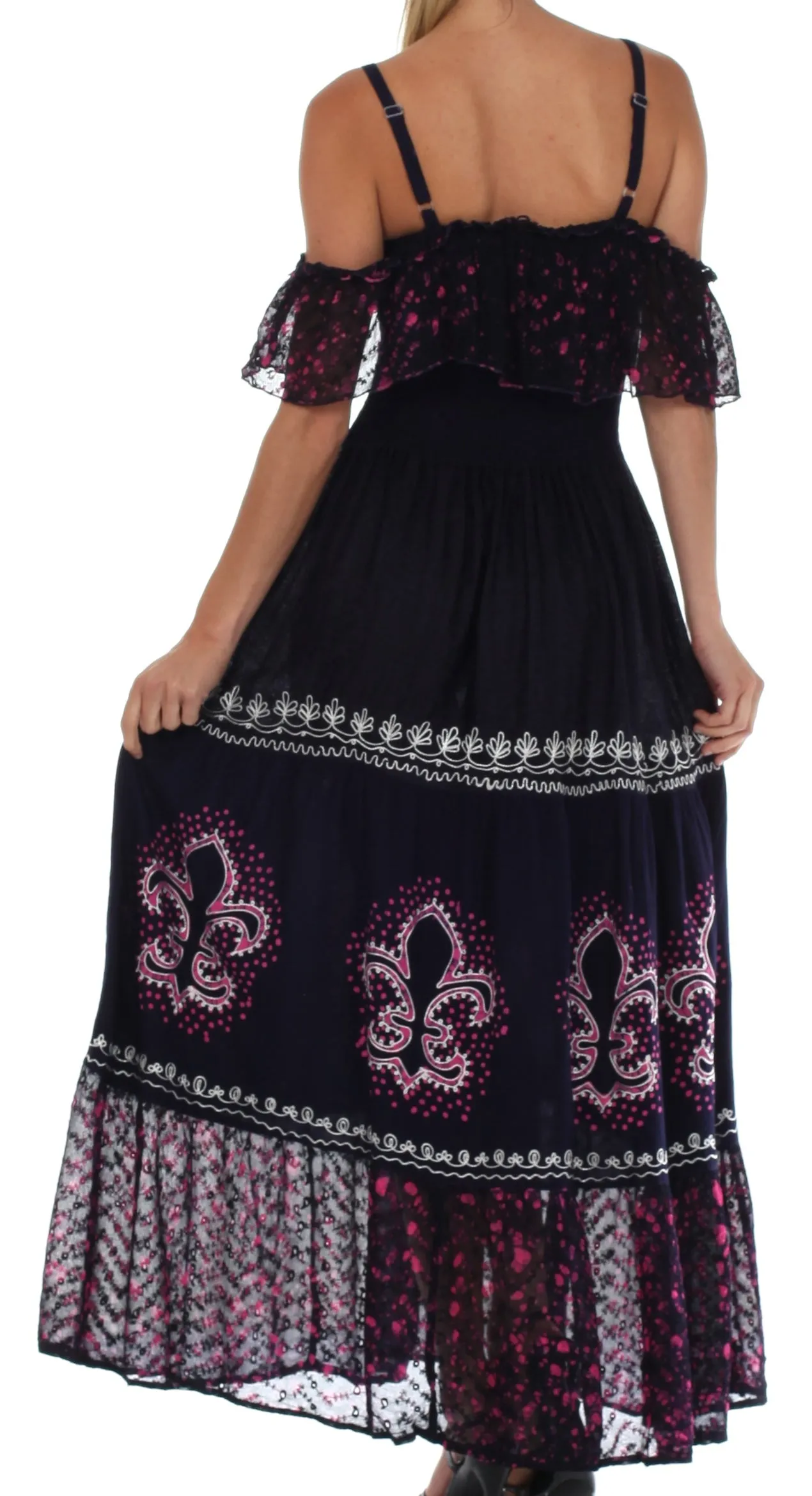 Sakkas Fleur De Lis Batik Jacquard Off Shoulder Crepe Hem Dress - FINAL SALE