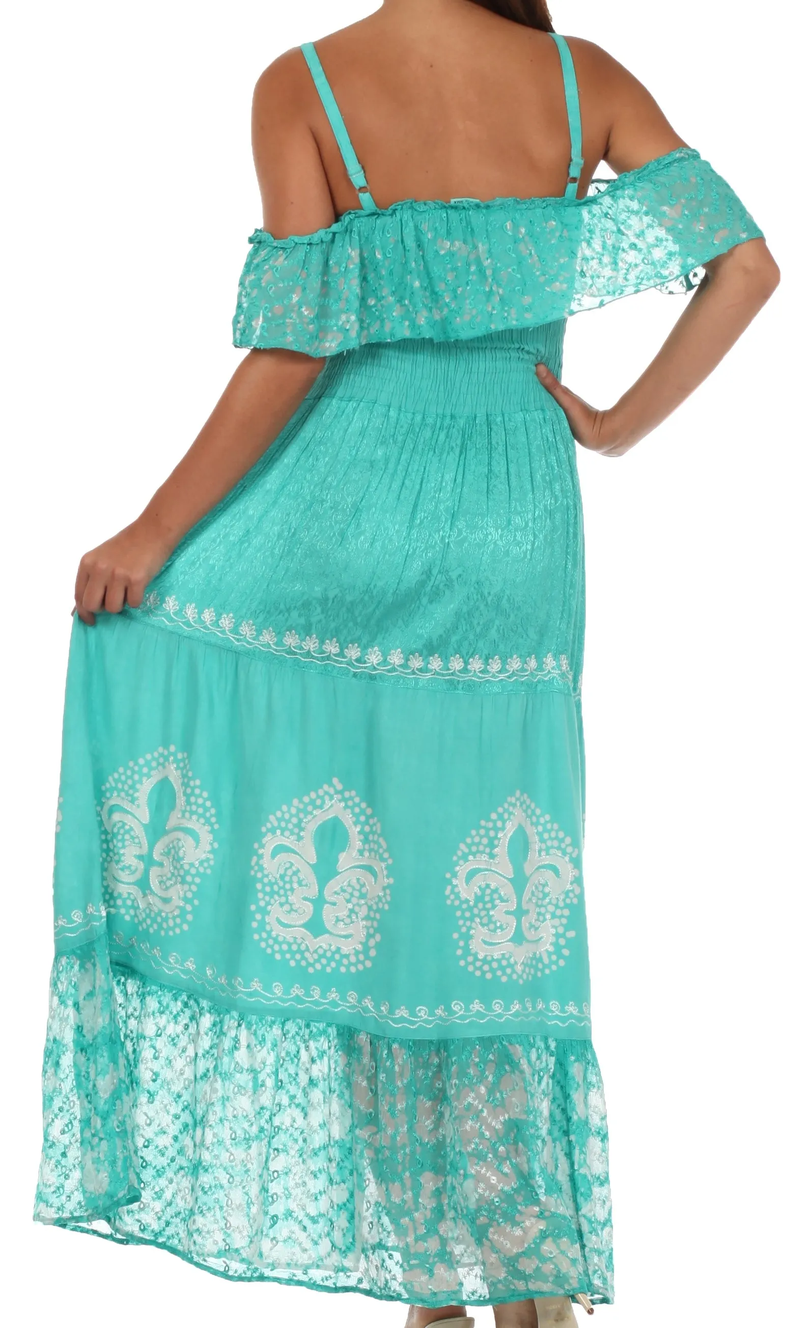 Sakkas Fleur De Lis Batik Jacquard Off Shoulder Crepe Hem Dress - FINAL SALE