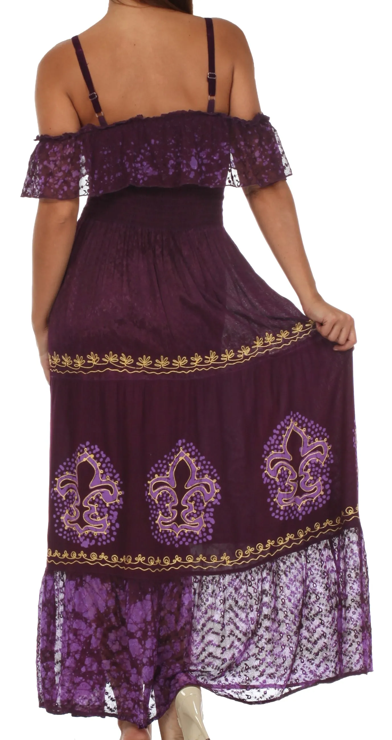 Sakkas Fleur De Lis Batik Jacquard Off Shoulder Crepe Hem Dress - FINAL SALE