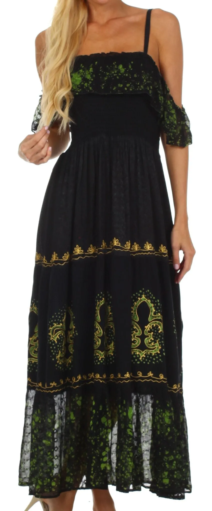 Sakkas Fleur De Lis Batik Jacquard Off Shoulder Crepe Hem Dress - FINAL SALE