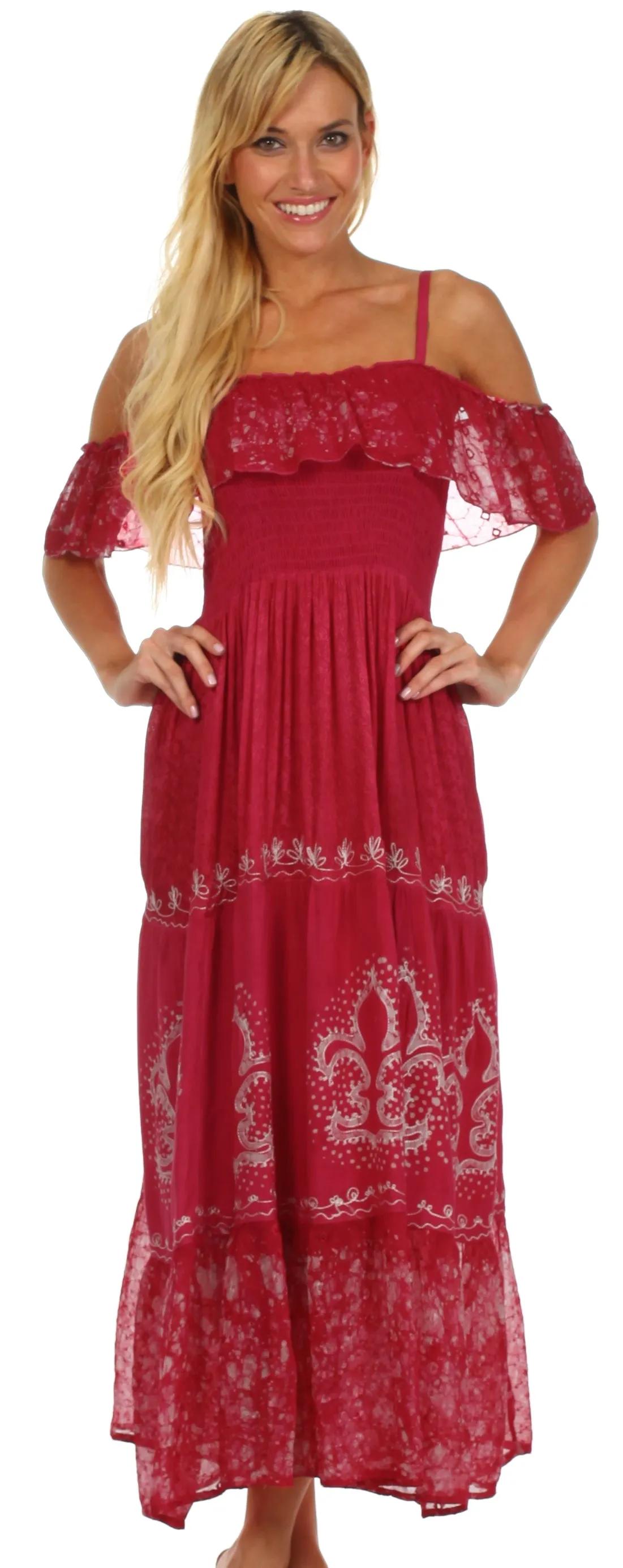 Sakkas Fleur De Lis Batik Jacquard Off Shoulder Crepe Hem Dress - FINAL SALE