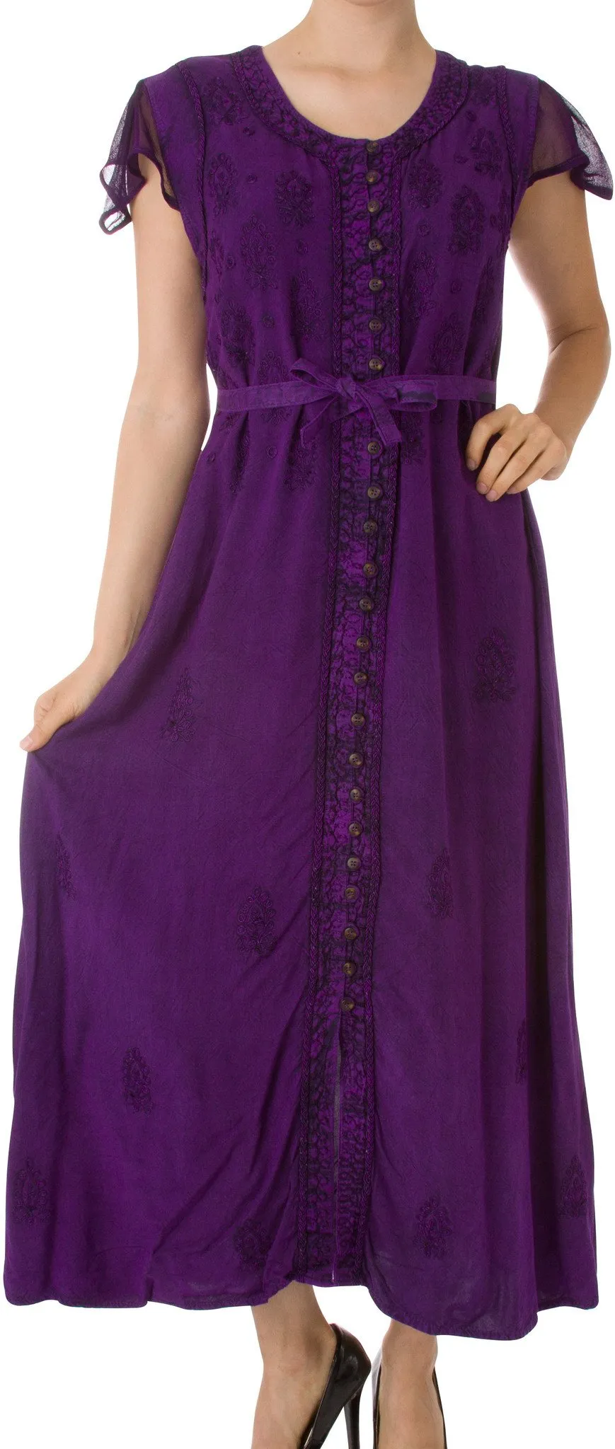 Sakkas Stonewashed Embroidered Cap Sleeve Maxi Long Dress - FINAL SALE