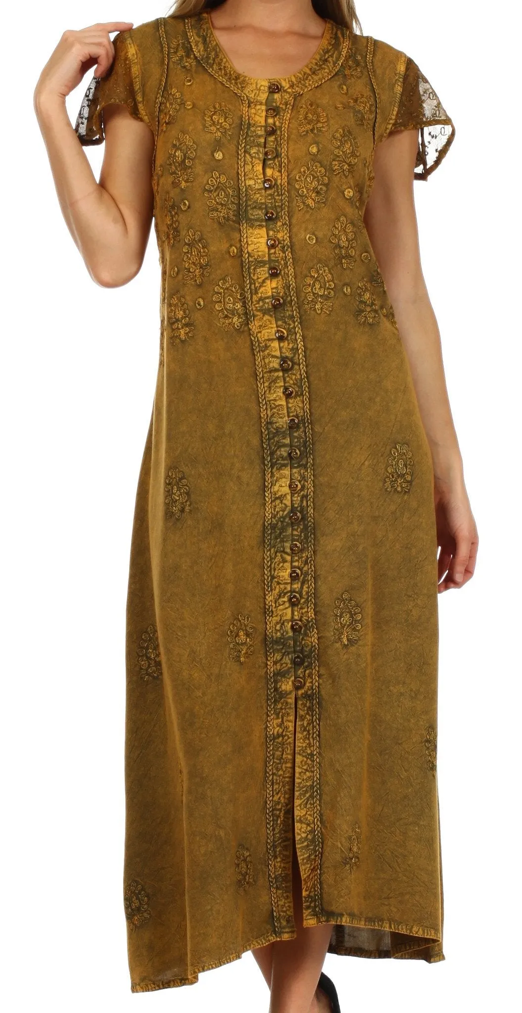 Sakkas Stonewashed Embroidered Cap Sleeve Maxi Long Dress - FINAL SALE