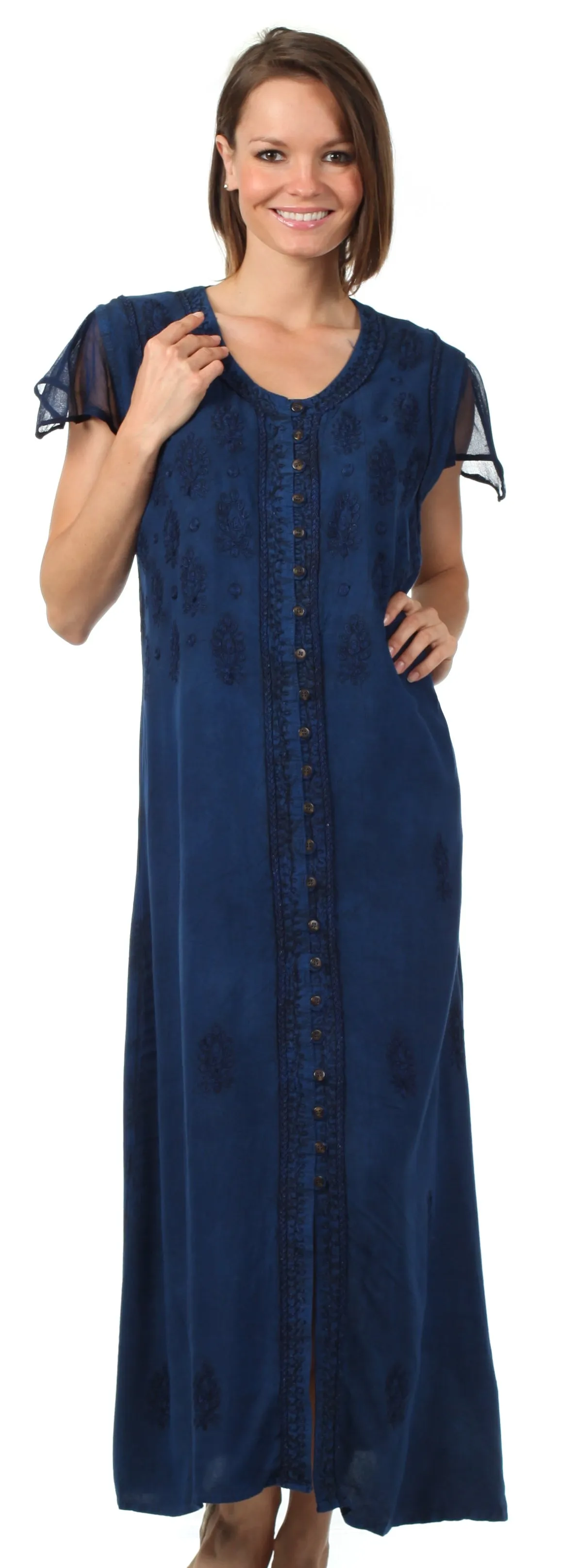 Sakkas Stonewashed Embroidered Cap Sleeve Maxi Long Dress - FINAL SALE