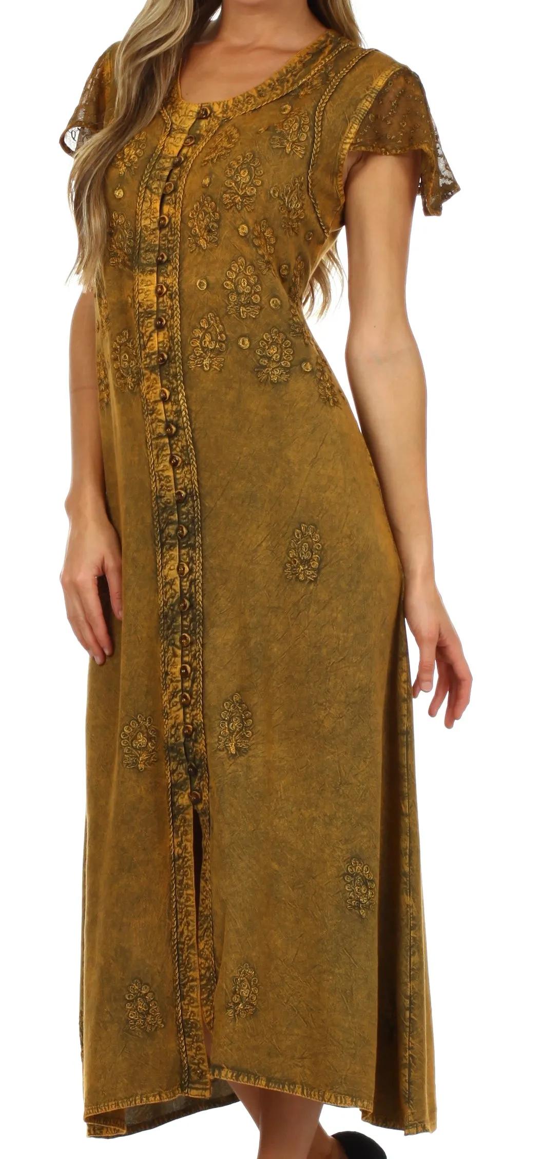 Sakkas Stonewashed Embroidered Cap Sleeve Maxi Long Dress - FINAL SALE