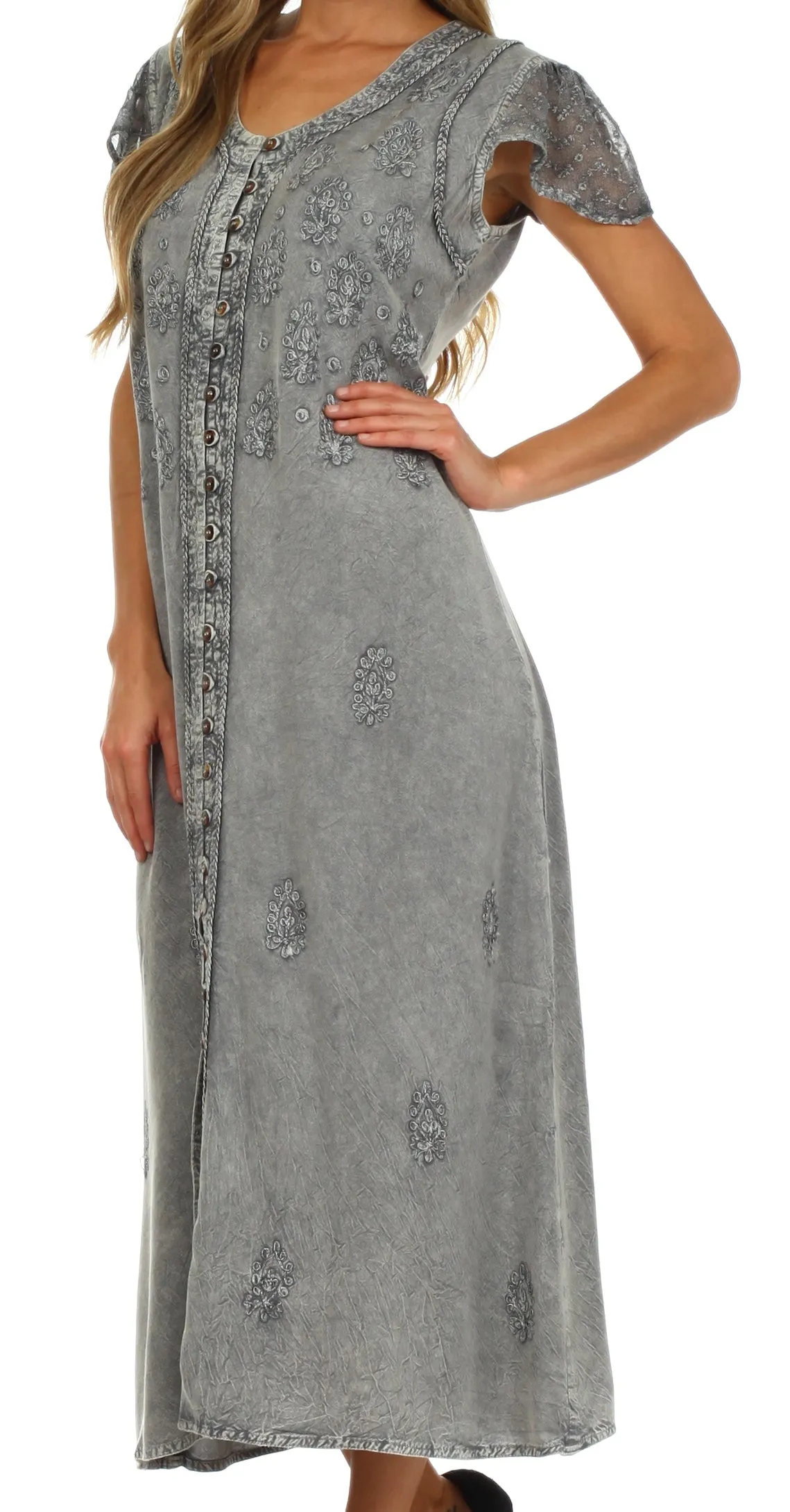 Sakkas Stonewashed Embroidered Cap Sleeve Maxi Long Dress - FINAL SALE