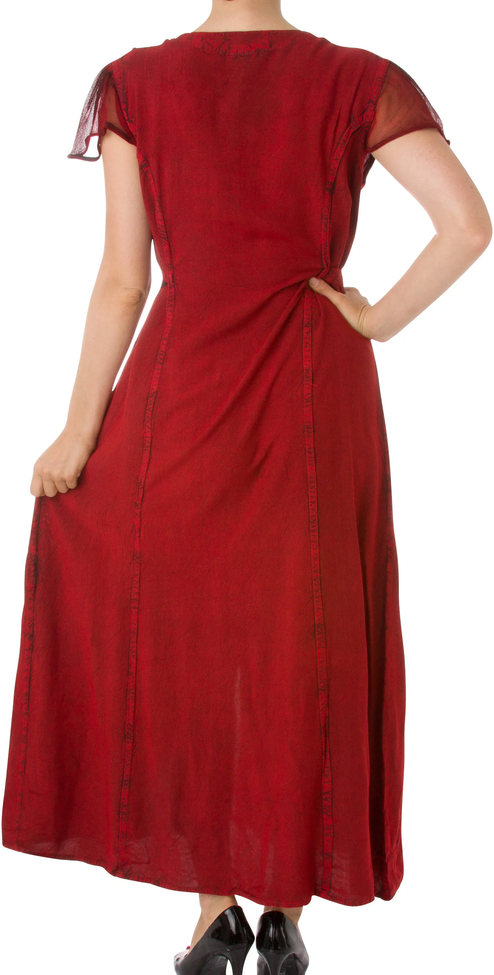 Sakkas Stonewashed Embroidered Cap Sleeve Maxi Long Dress - FINAL SALE