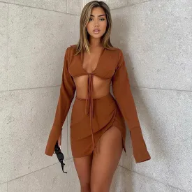 Sexy Long Sleeve Crop Blouse Skirt Matching Set - Chocolate