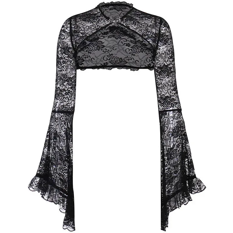 Sheer cropped long-bell-sleeve gothic sexy crochet dark punk Cardigans