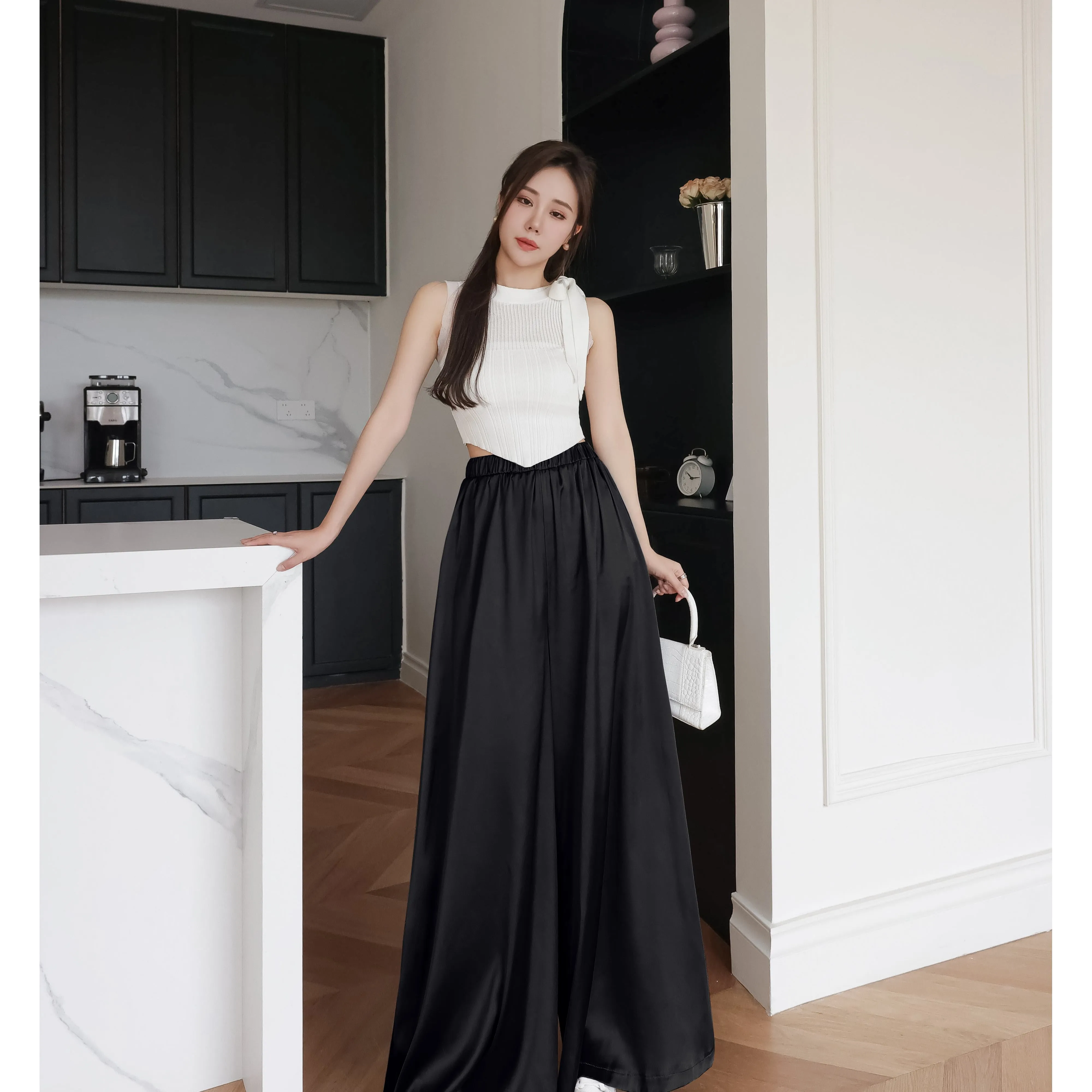 Silky Floor-Length Draping Satin Finish Elastic Waist Wide Leg Pants