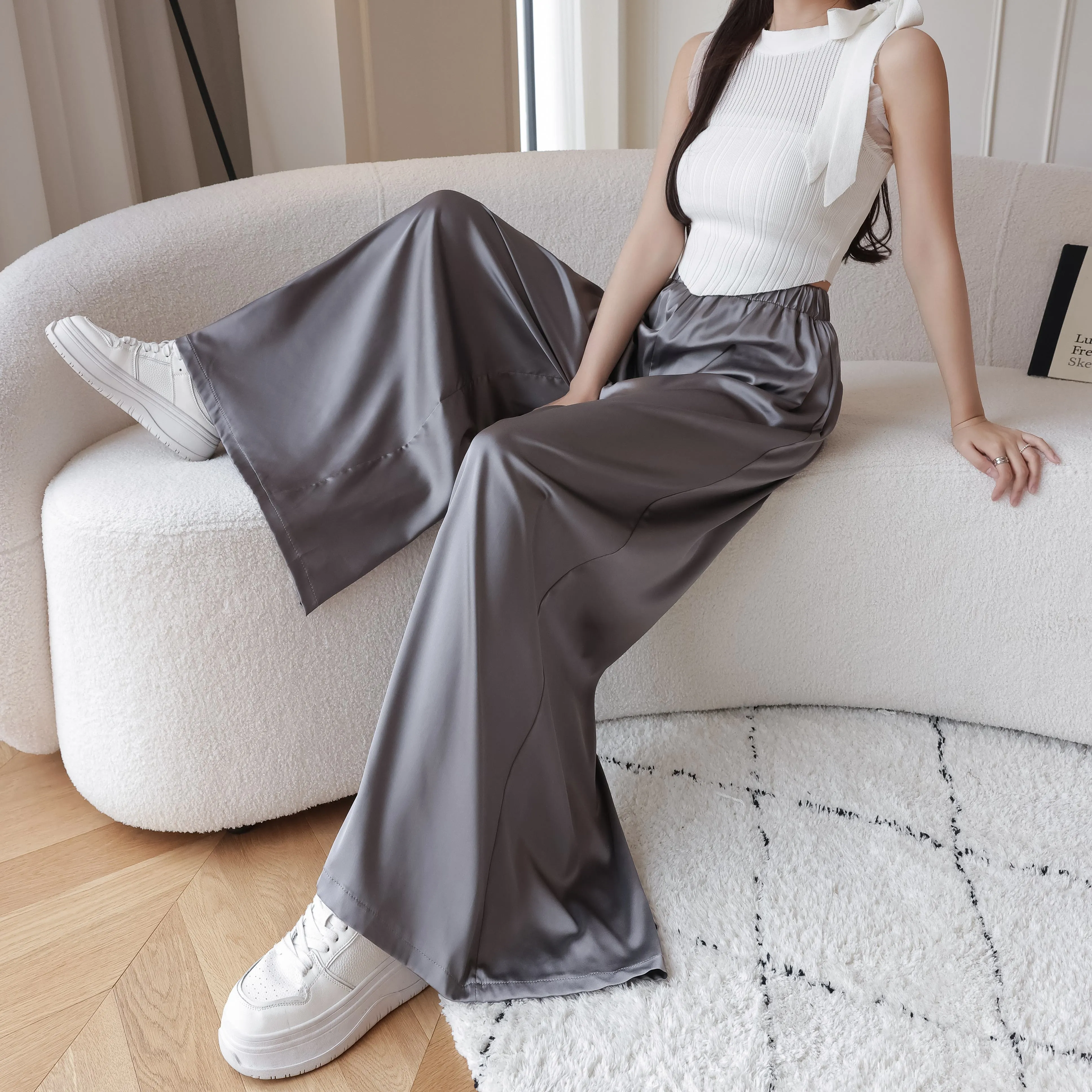 Silky Floor-Length Draping Satin Finish Elastic Waist Wide Leg Pants