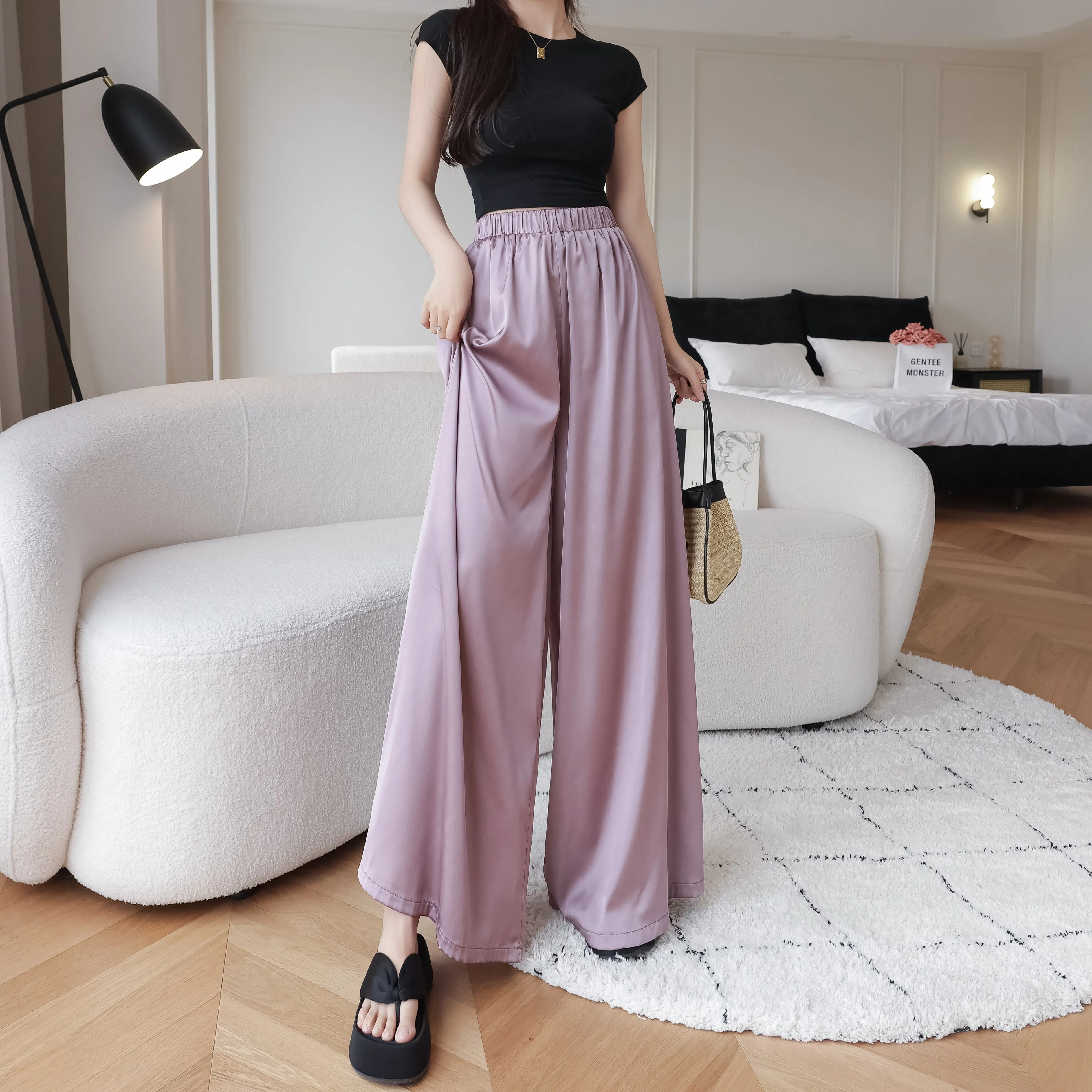 Silky Floor-Length Draping Satin Finish Elastic Waist Wide Leg Pants