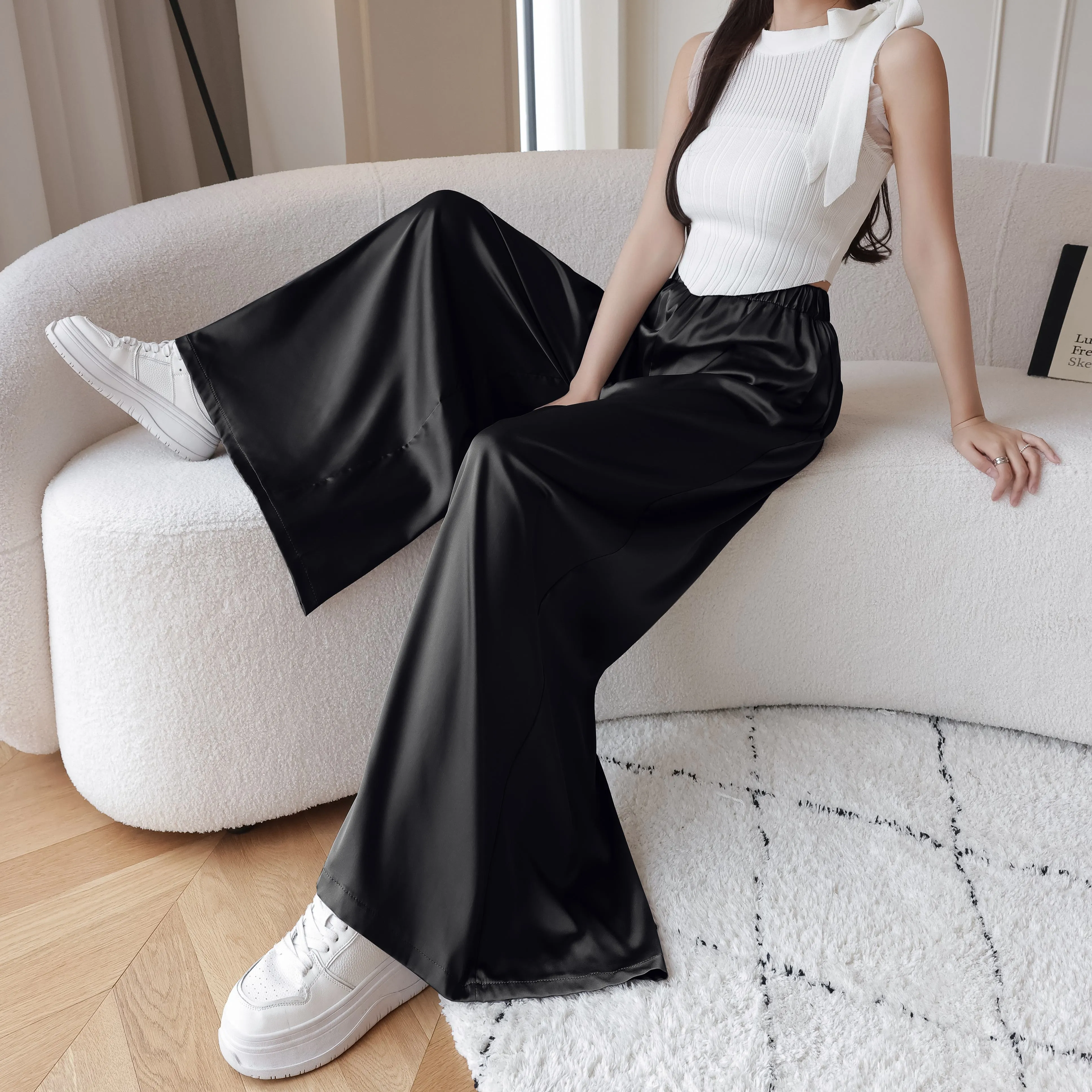 Silky Floor-Length Draping Satin Finish Elastic Waist Wide Leg Pants