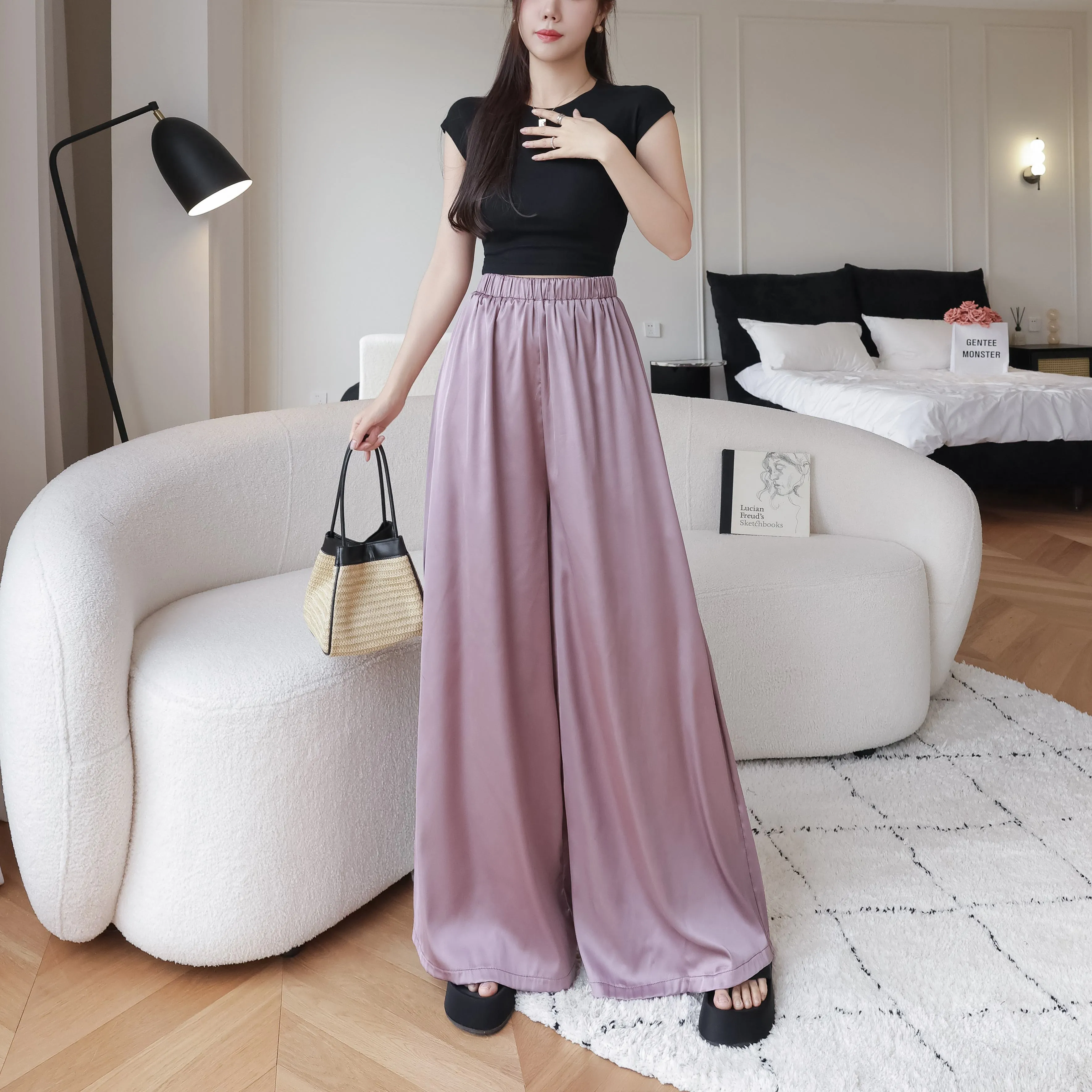 Silky Floor-Length Draping Satin Finish Elastic Waist Wide Leg Pants