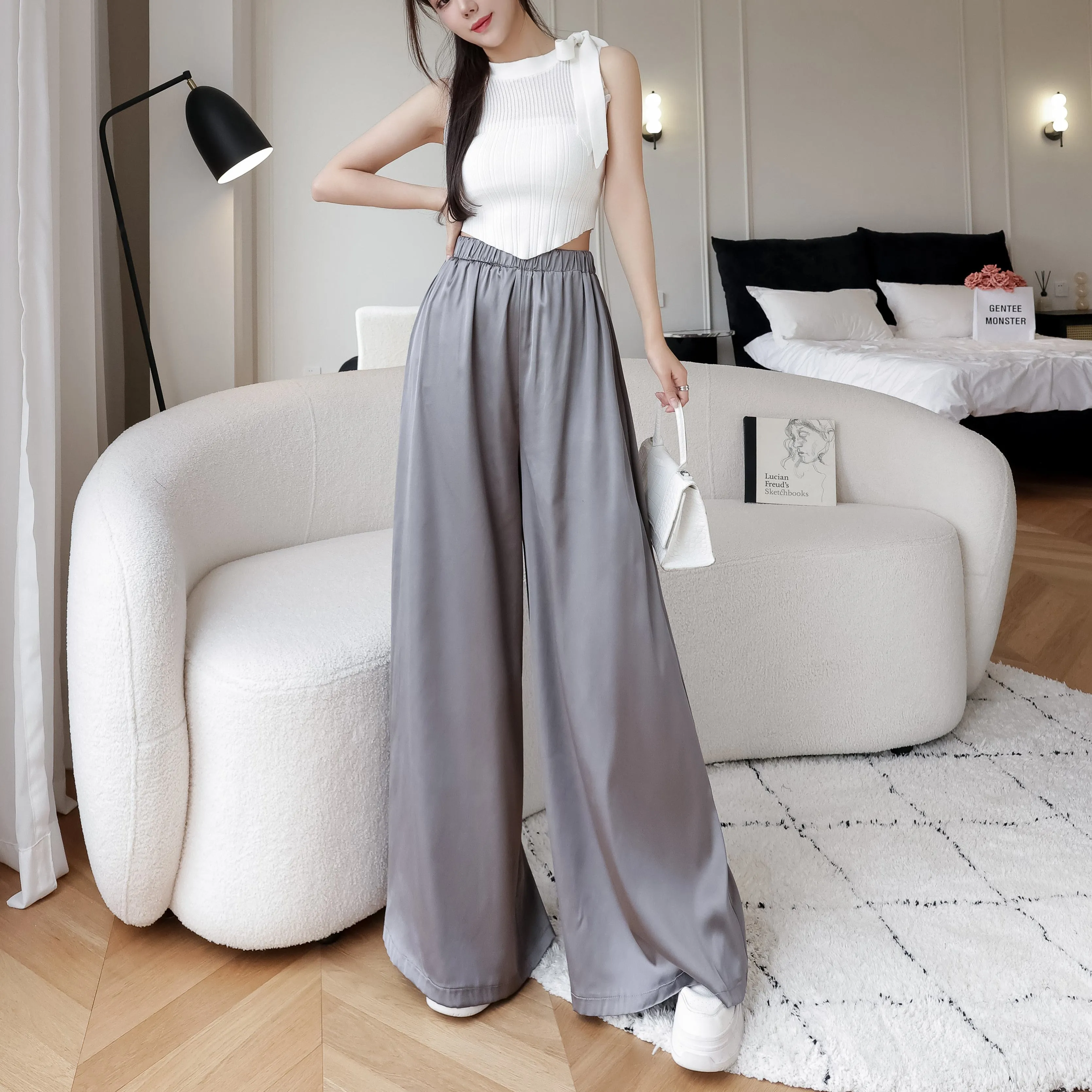 Silky Floor-Length Draping Satin Finish Elastic Waist Wide Leg Pants