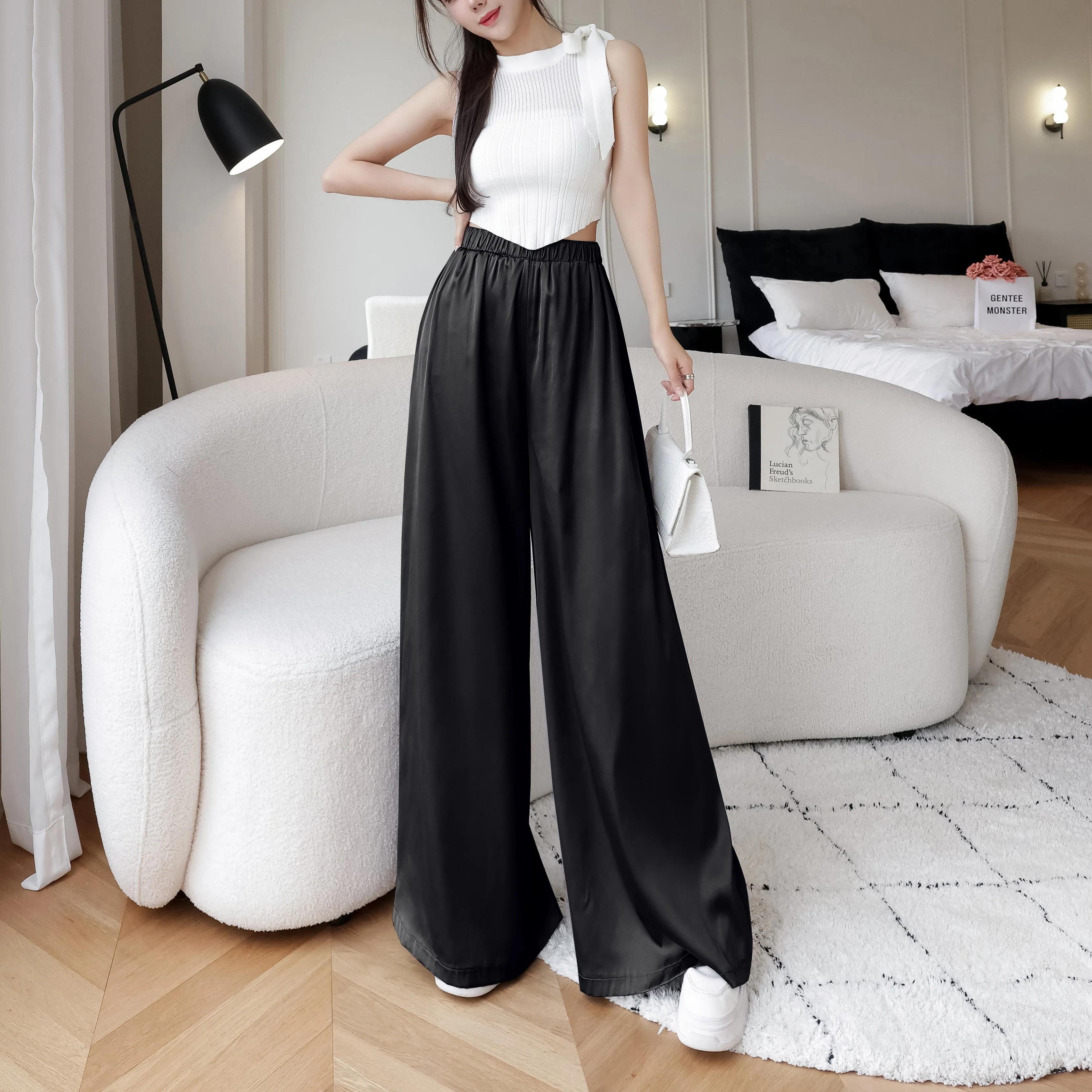 Silky Floor-Length Draping Satin Finish Elastic Waist Wide Leg Pants