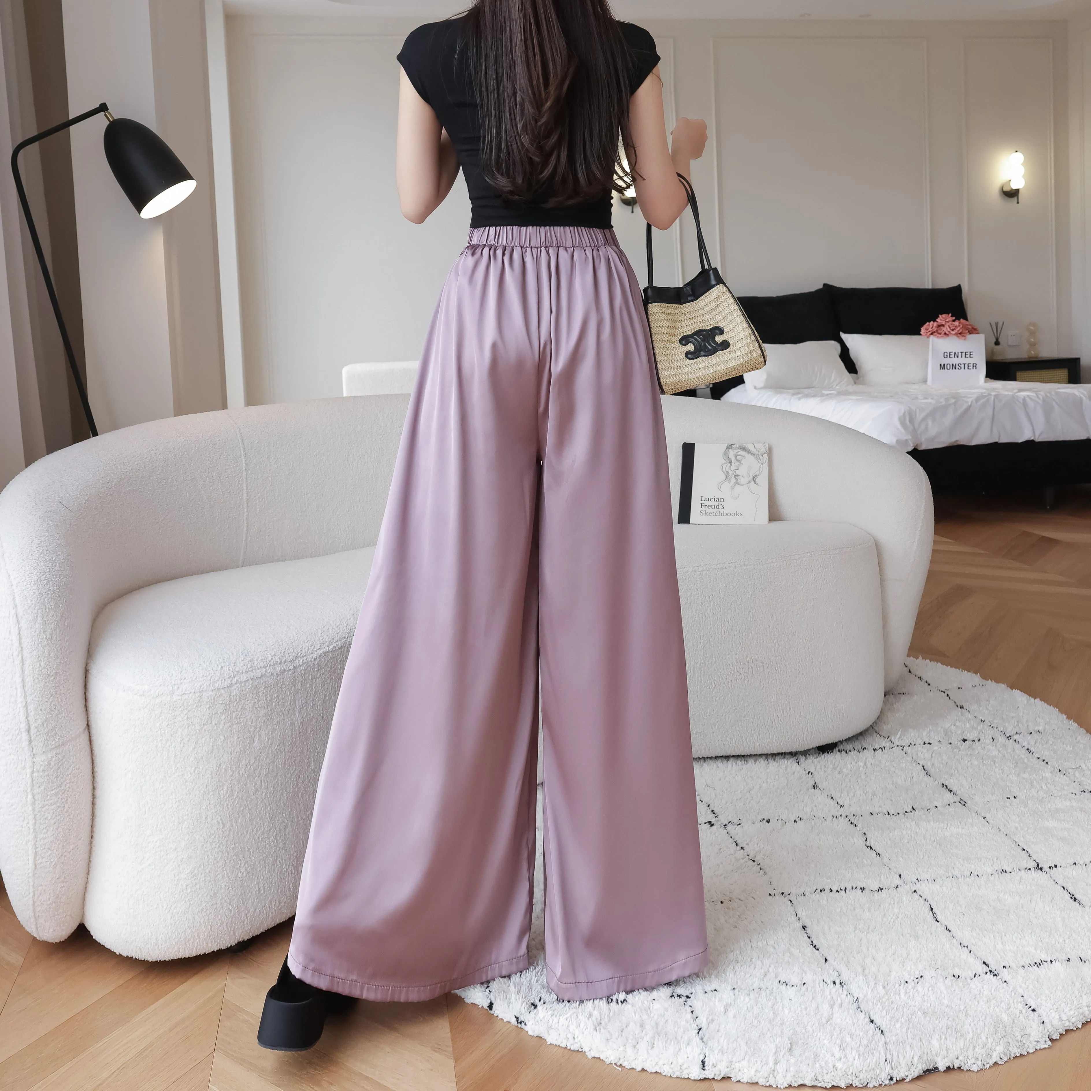 Silky Floor-Length Draping Satin Finish Elastic Waist Wide Leg Pants