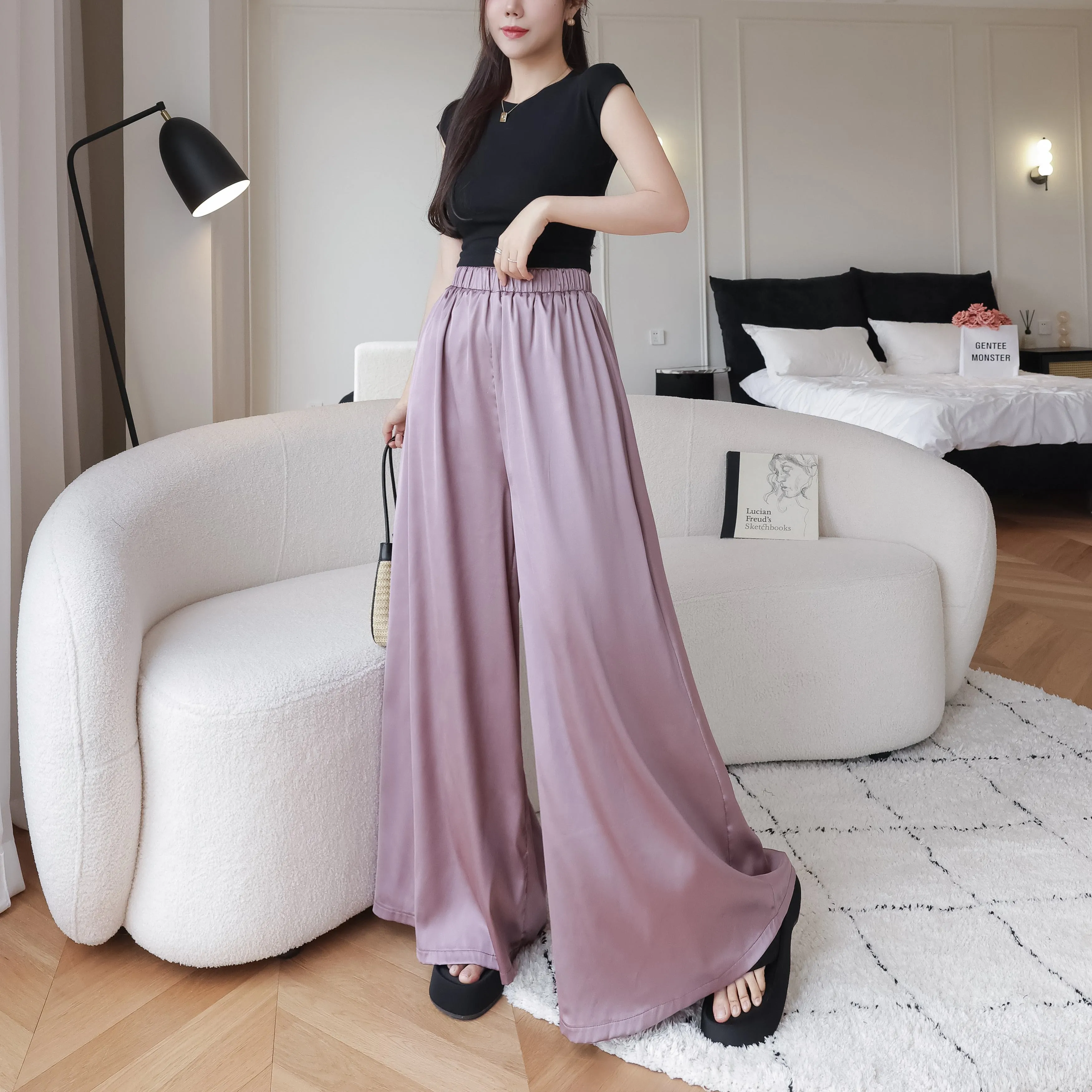 Silky Floor-Length Draping Satin Finish Elastic Waist Wide Leg Pants