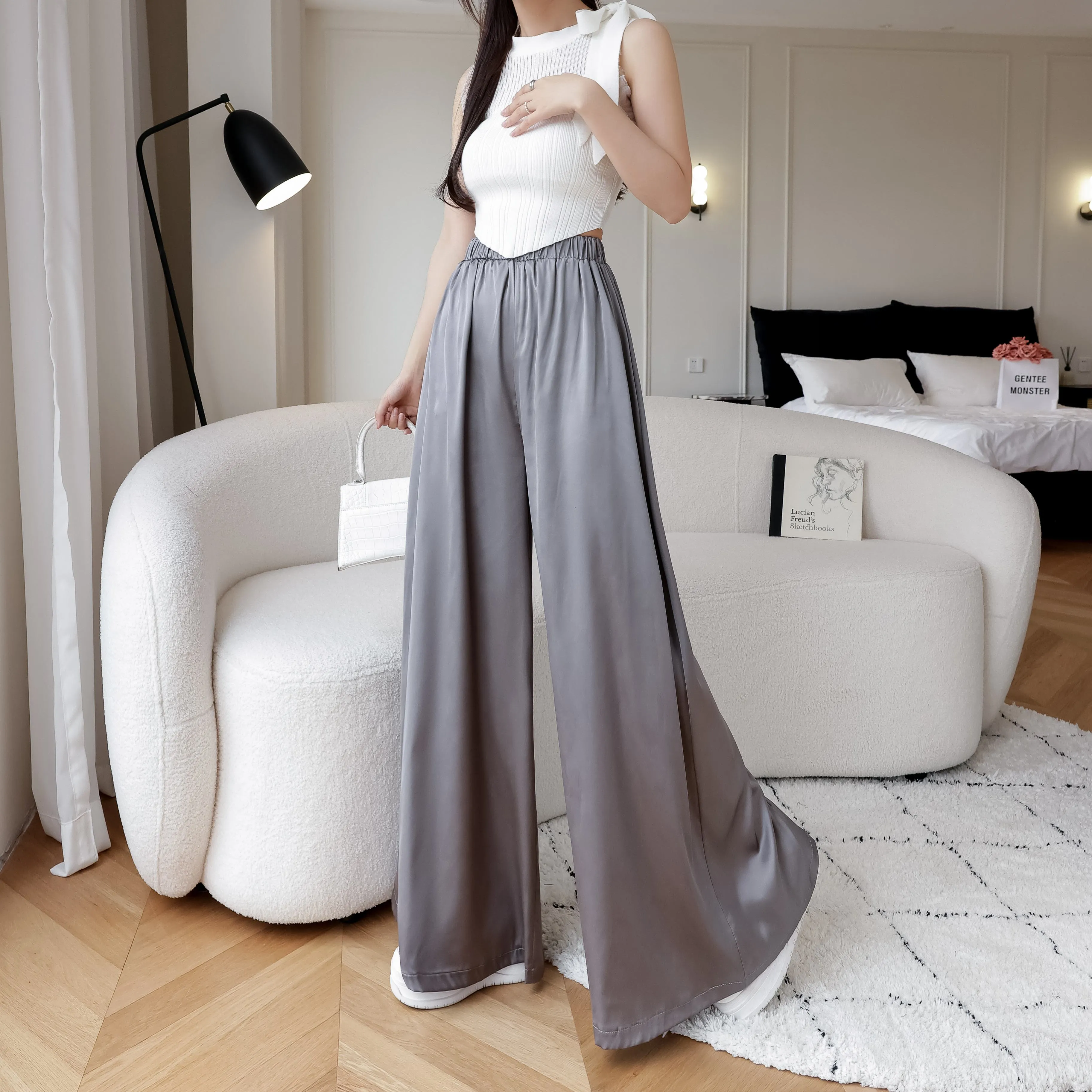 Silky Floor-Length Draping Satin Finish Elastic Waist Wide Leg Pants