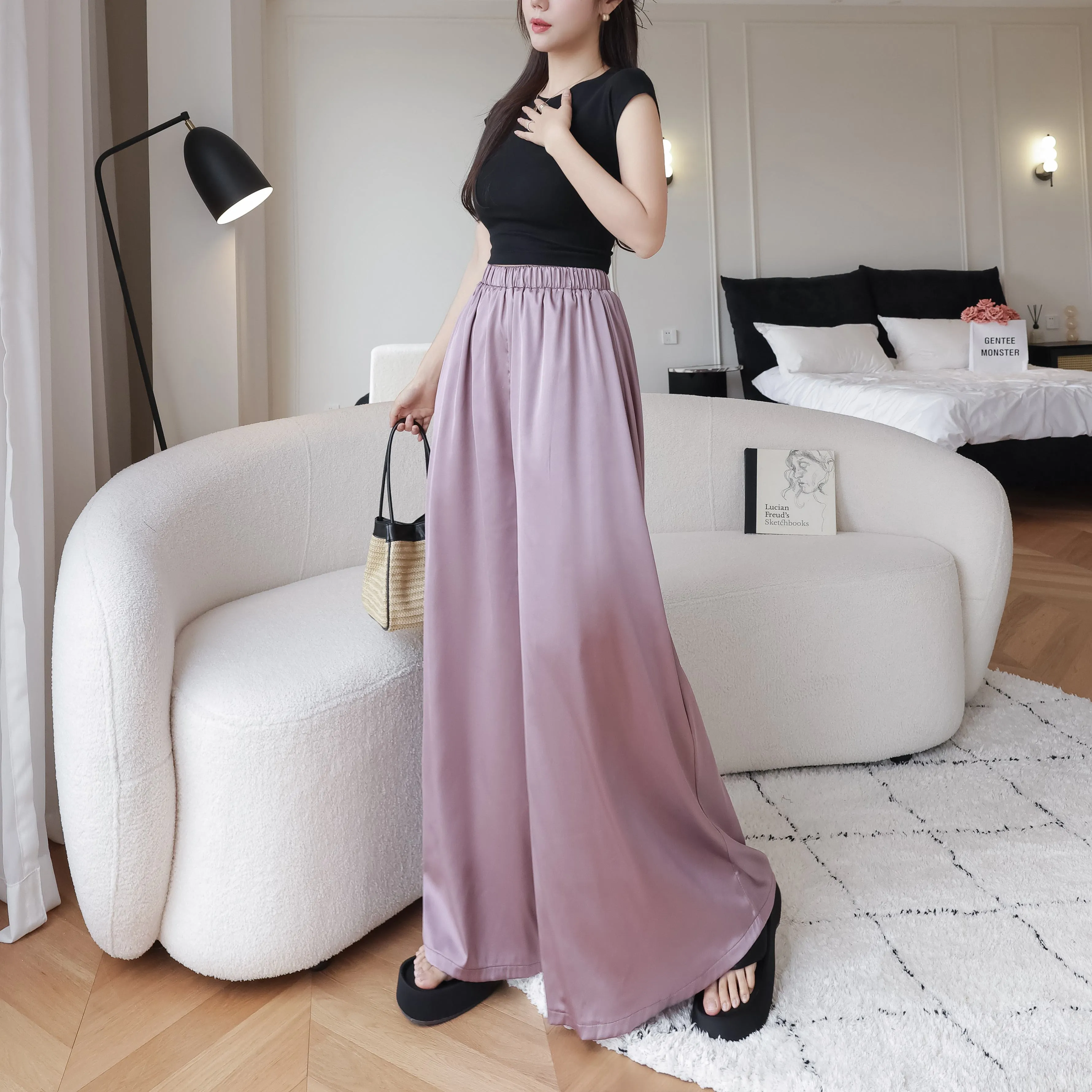 Silky Floor-Length Draping Satin Finish Elastic Waist Wide Leg Pants