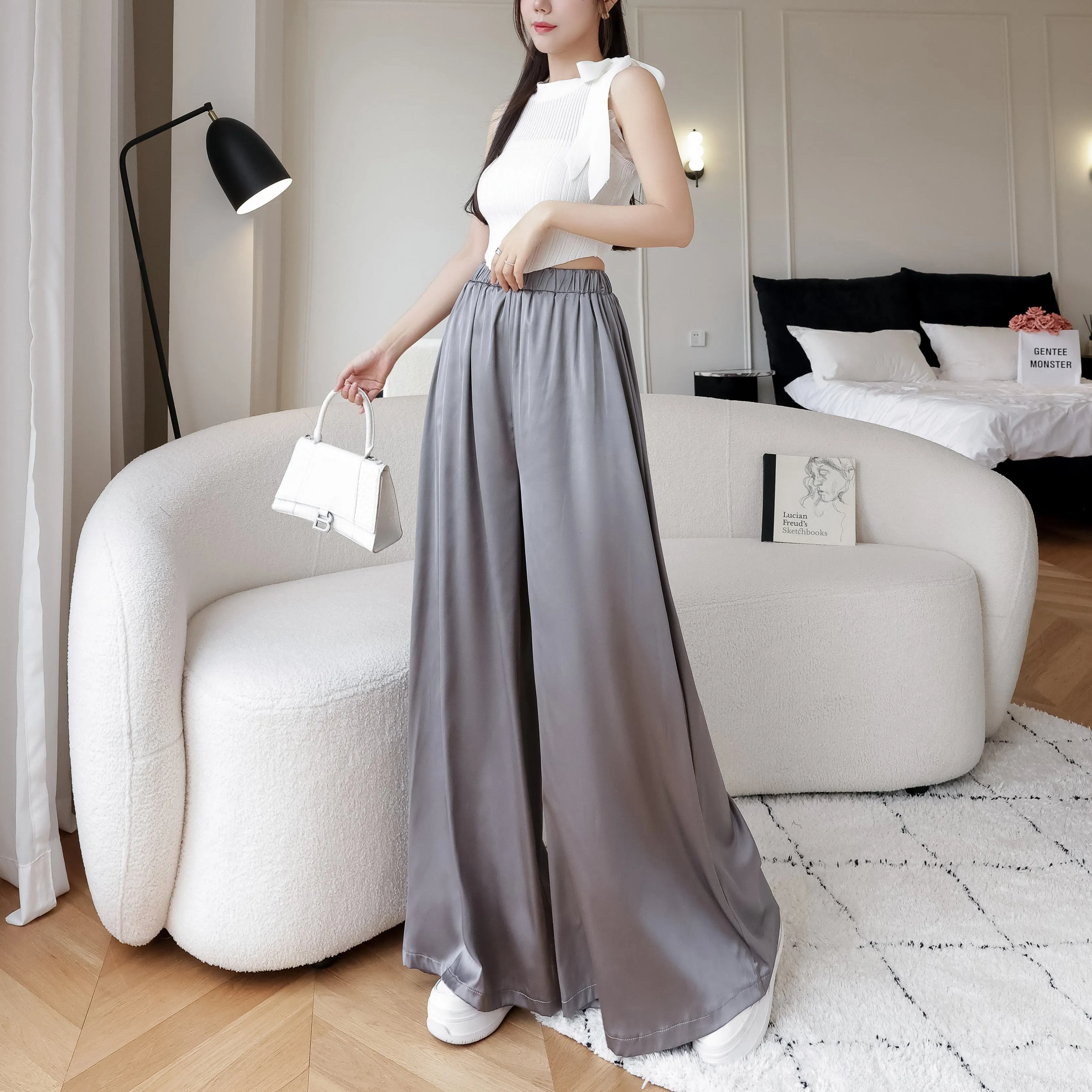 Silky Floor-Length Draping Satin Finish Elastic Waist Wide Leg Pants