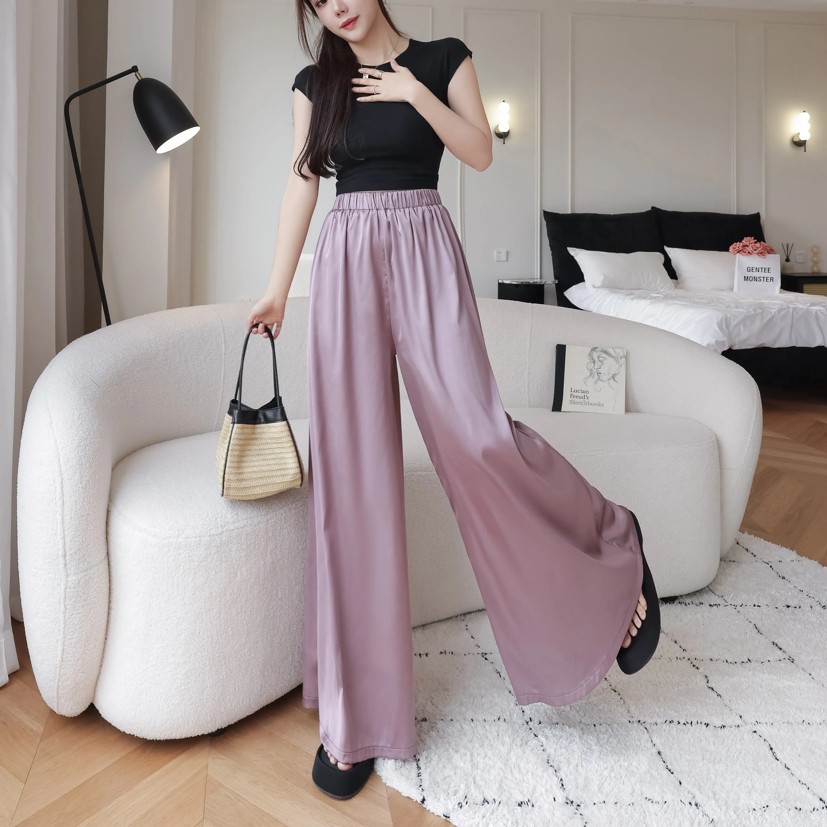 Silky Floor-Length Draping Satin Finish Elastic Waist Wide Leg Pants