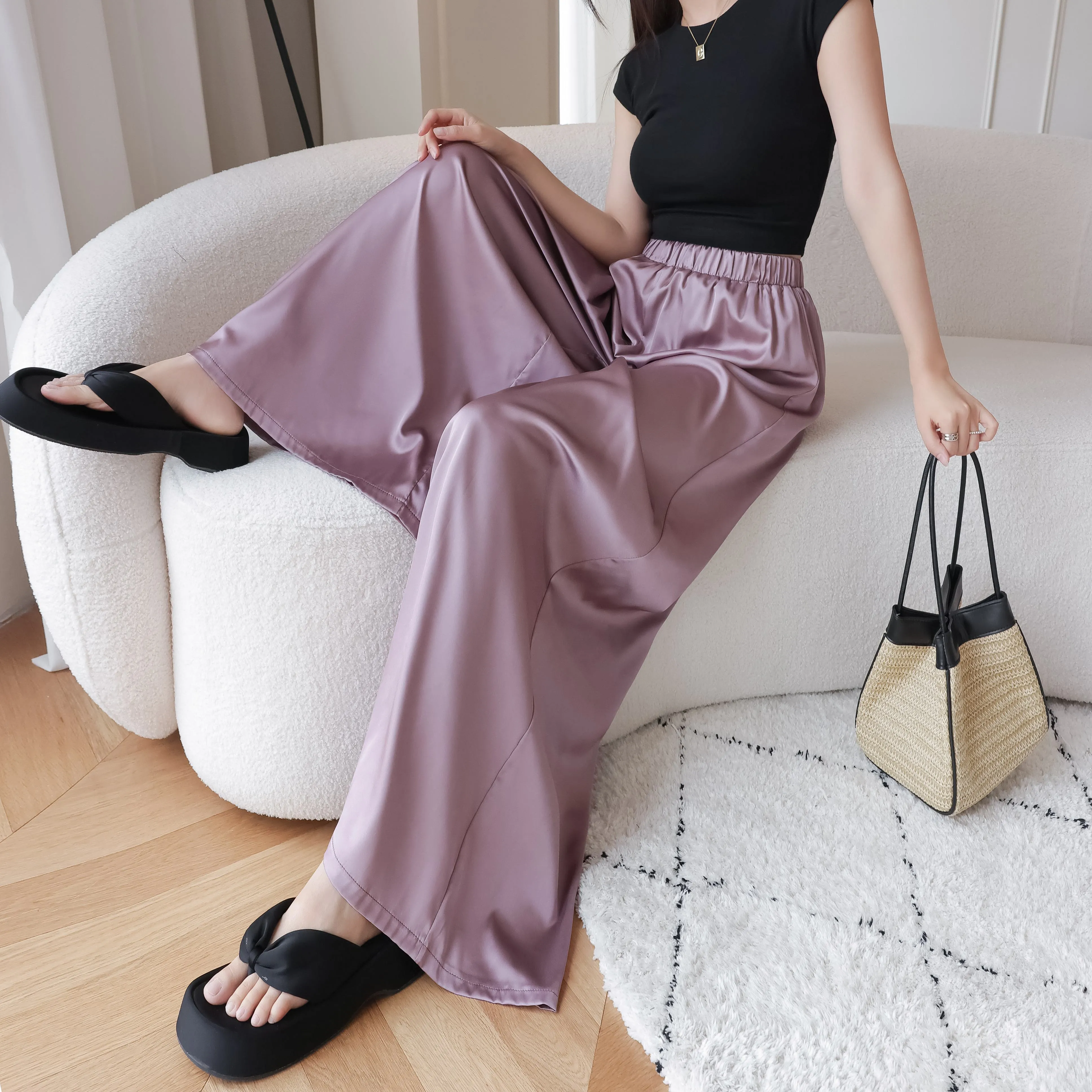 Silky Floor-Length Draping Satin Finish Elastic Waist Wide Leg Pants