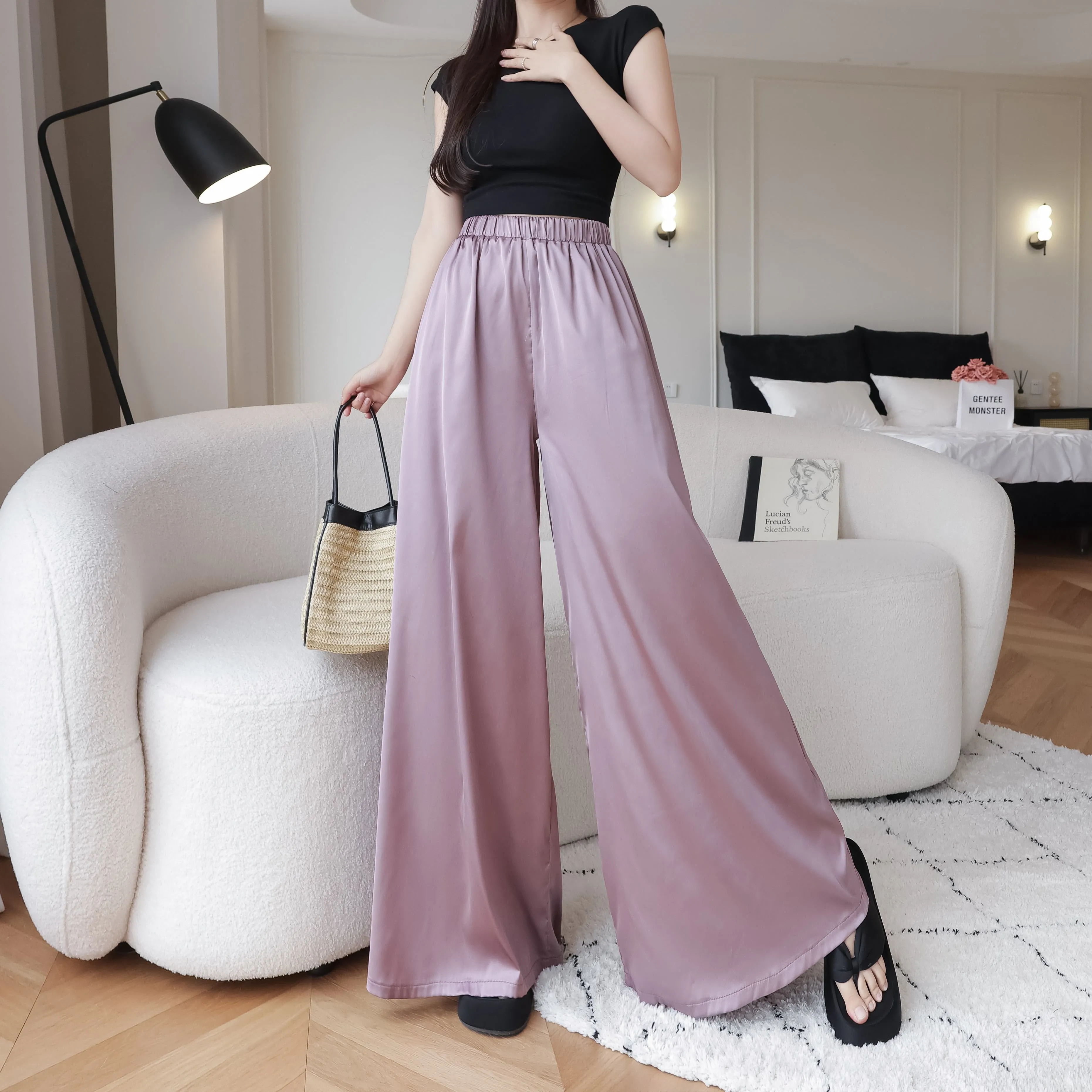 Silky Floor-Length Draping Satin Finish Elastic Waist Wide Leg Pants