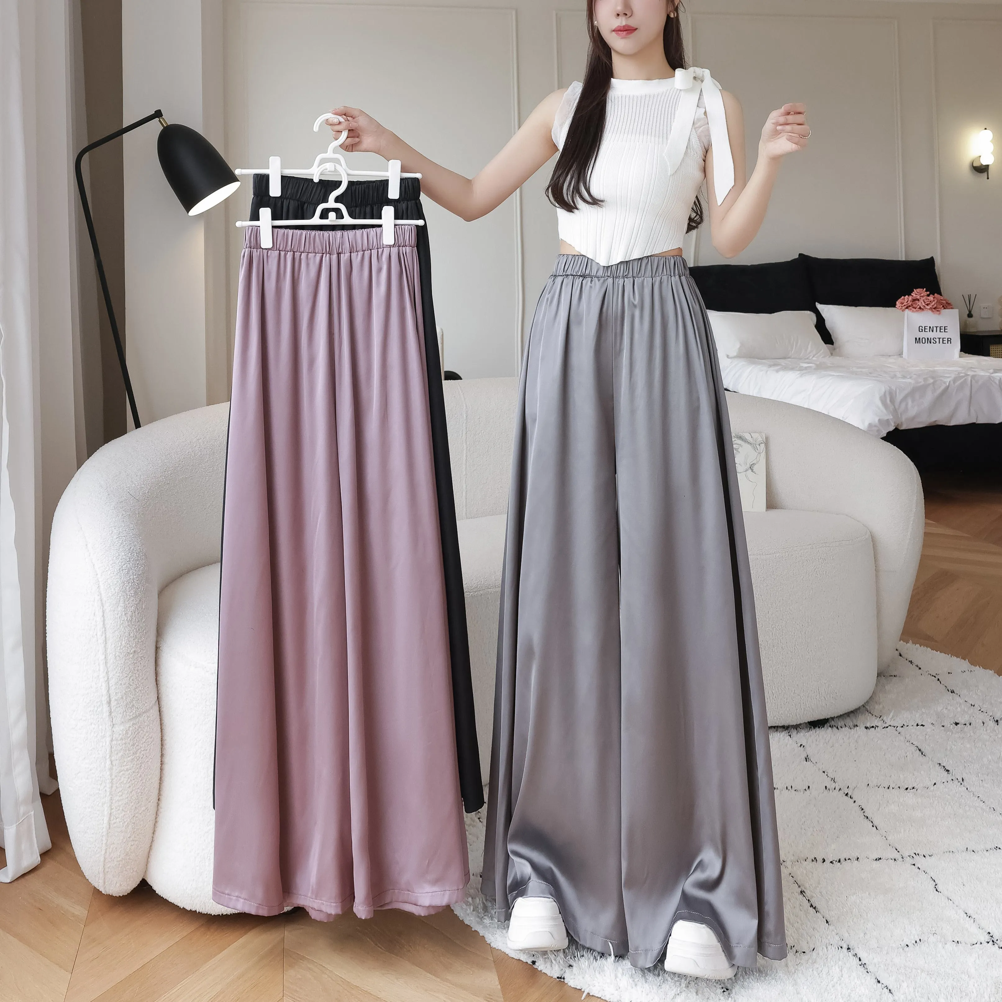 Silky Floor-Length Draping Satin Finish Elastic Waist Wide Leg Pants