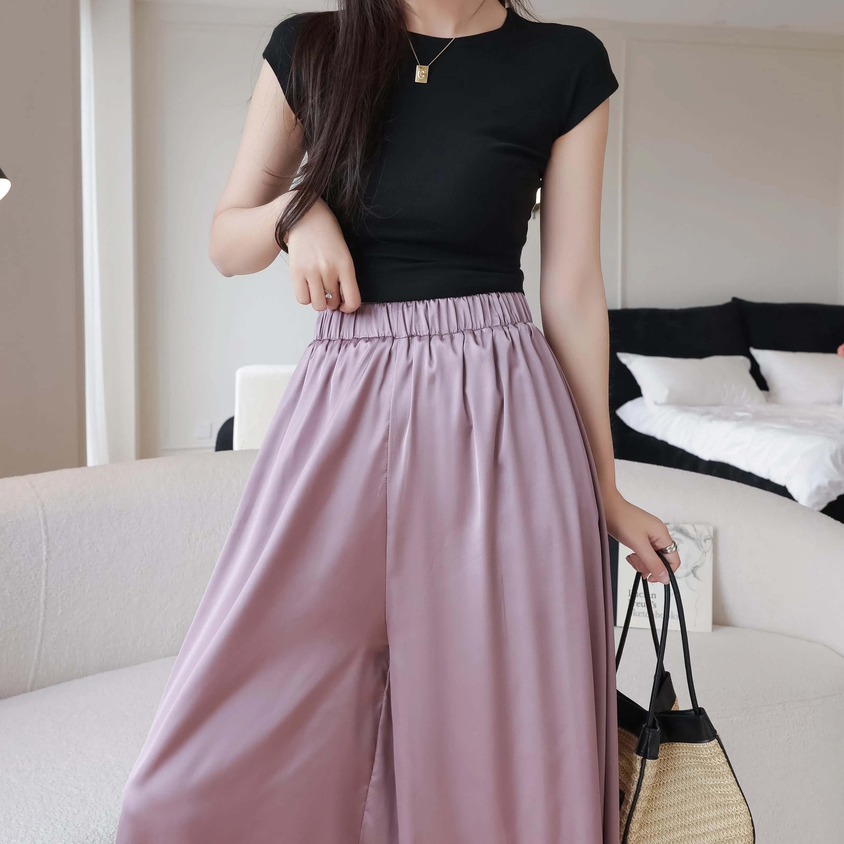 Silky Floor-Length Draping Satin Finish Elastic Waist Wide Leg Pants