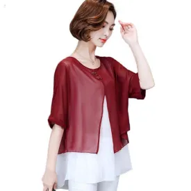 Spliced Women Blouse Shirt Casual Blusas Spring Summer Blouse Batwing Sleeve Loose O-neck Top Tee Plus Size (US 4-16)