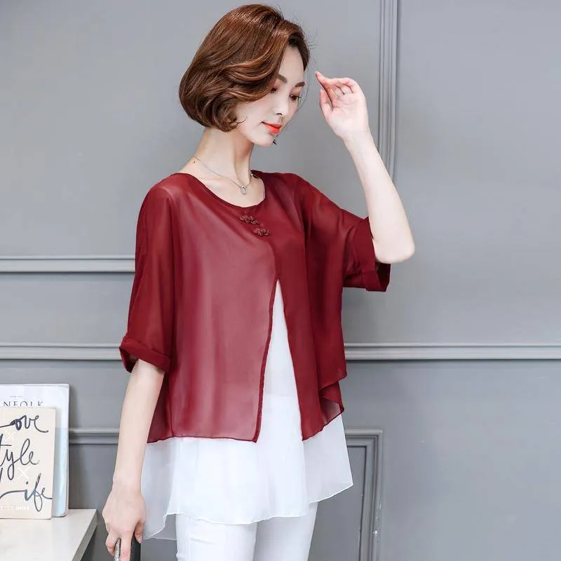 Spliced Women Blouse Shirt Casual Blusas Spring Summer Blouse Batwing Sleeve Loose O-neck Top Tee Plus Size (US 4-16)