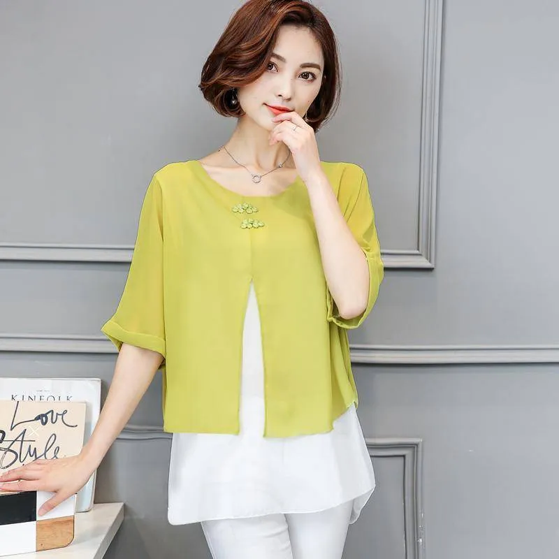 Spliced Women Blouse Shirt Casual Blusas Spring Summer Blouse Batwing Sleeve Loose O-neck Top Tee Plus Size (US 4-16)