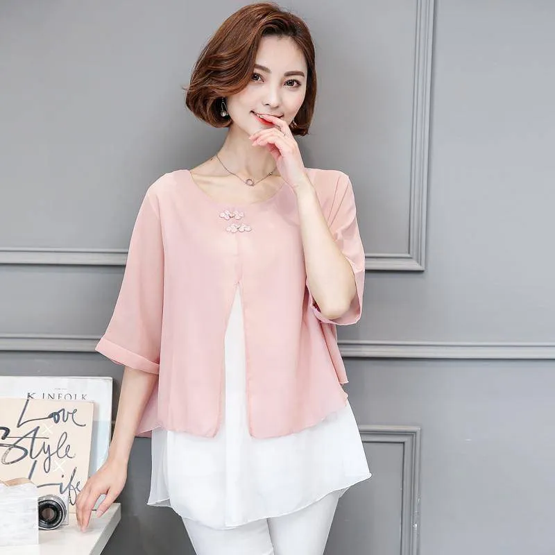 Spliced Women Blouse Shirt Casual Blusas Spring Summer Blouse Batwing Sleeve Loose O-neck Top Tee Plus Size (US 4-16)